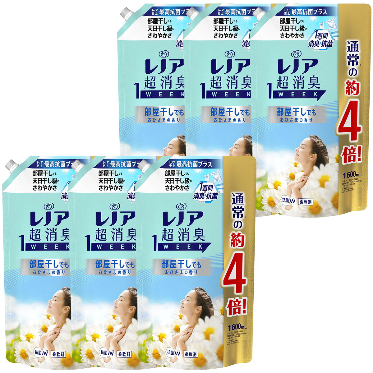 ［在庫限り特価］レノア超消臭1week部屋干しでもおひさまの香りつめかえ用超特大サイズ1600mL×6袋のサムネイル