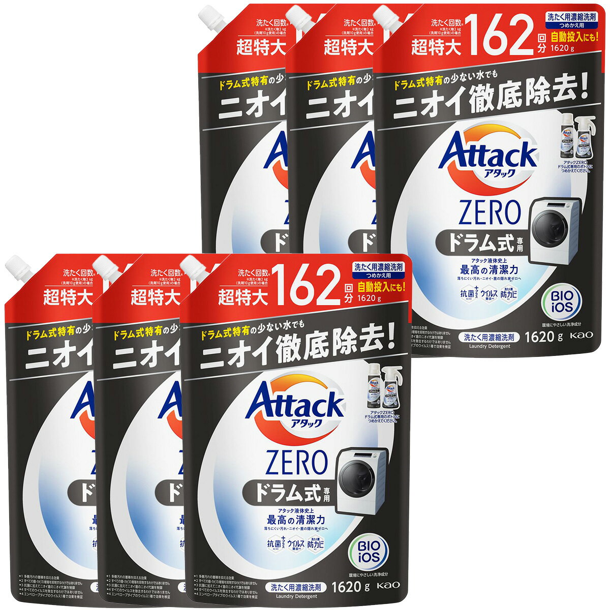 花王 アタックゼロ Attack ZERO ドラム式専用 洗濯洗剤 詰め替え 超特大 1620g×6袋 4901301406033のサムネイル