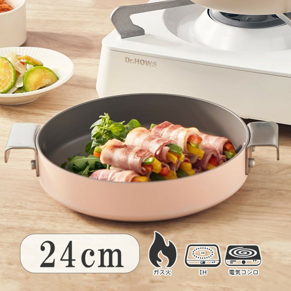 Dr.HOWS プレーティング パン 24cm ココットピンク 両手 ラウンド型 フライパン 韓国 韓流 ガス火IH対応 010429
