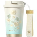 GERM クローバー柄 コーヒー グラデーション 390ml ホワイト ストロー付き ステンレス 保温 保冷 持ち運び 水筒 ボトル GM144B64179