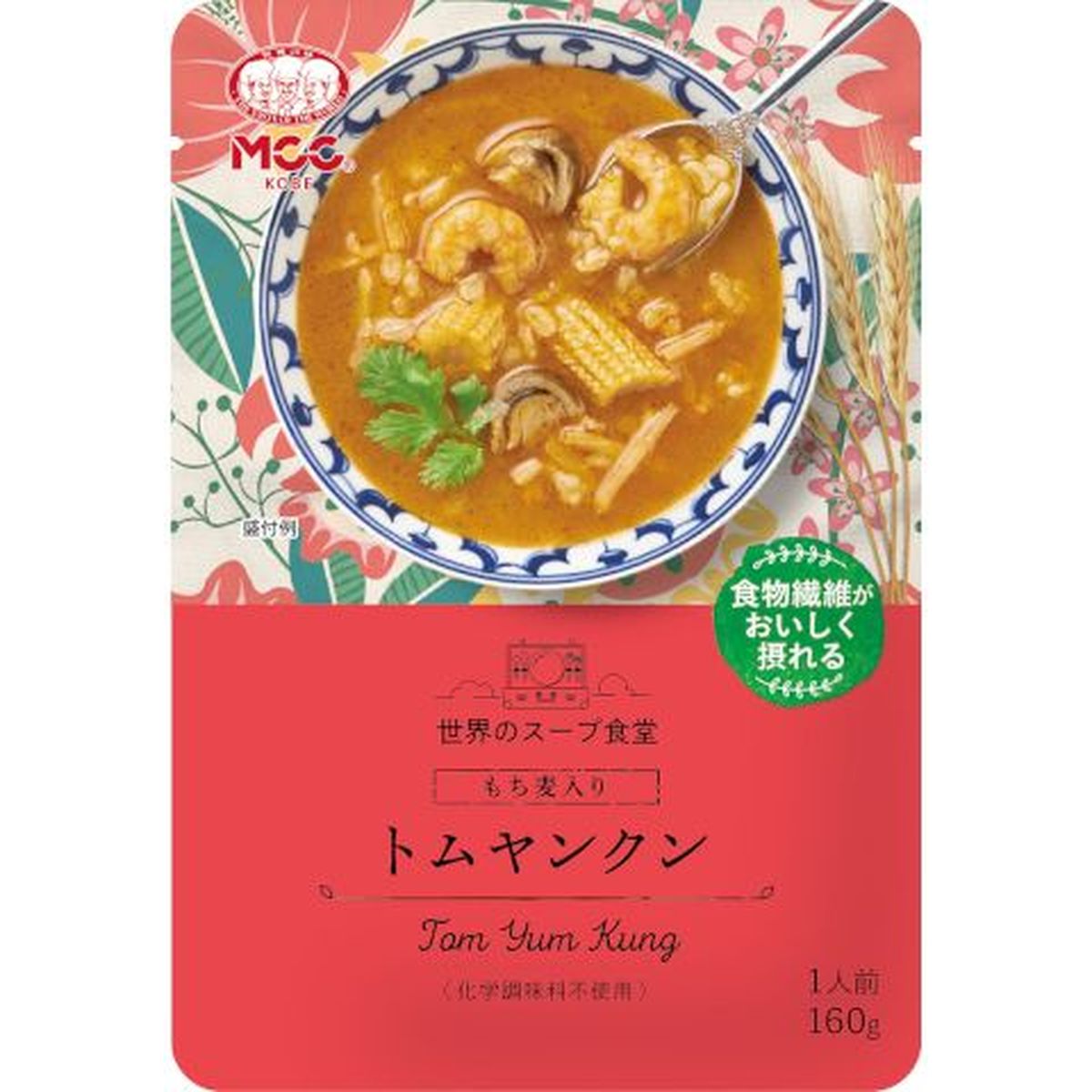 【商品の説明】えび、ヤングコーン、たけのこ、ふくろ茸、もち麦を加えた、魚介のうまみと唐辛子の辛味、ライムの酸味が効いたスープです。賞味期限：1年スープ