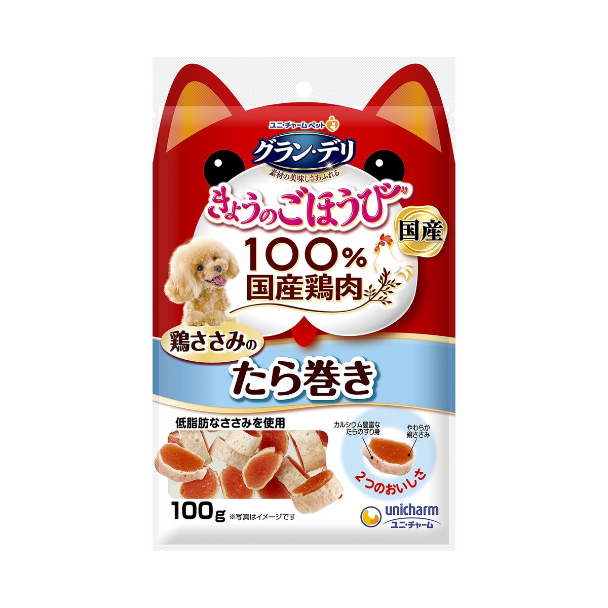 【商品の説明】「うまみテイスト製法」でつくられたおいしいささみのおやつ原材料：鶏ササミ、ゼラチン、たらシート、小麦粉、大豆タンパク、ソルビトール、トレハロース、プロピレングルコール、膨張剤、pH調整剤、食塩、調味料、酸化防止剤、リン酸塩、保存料、発色剤、着色料賞味期限：製造日より360日間※賞味期限が残り3ヶ月以上の商品を発送しております。　予めご了承ください。キャットフード