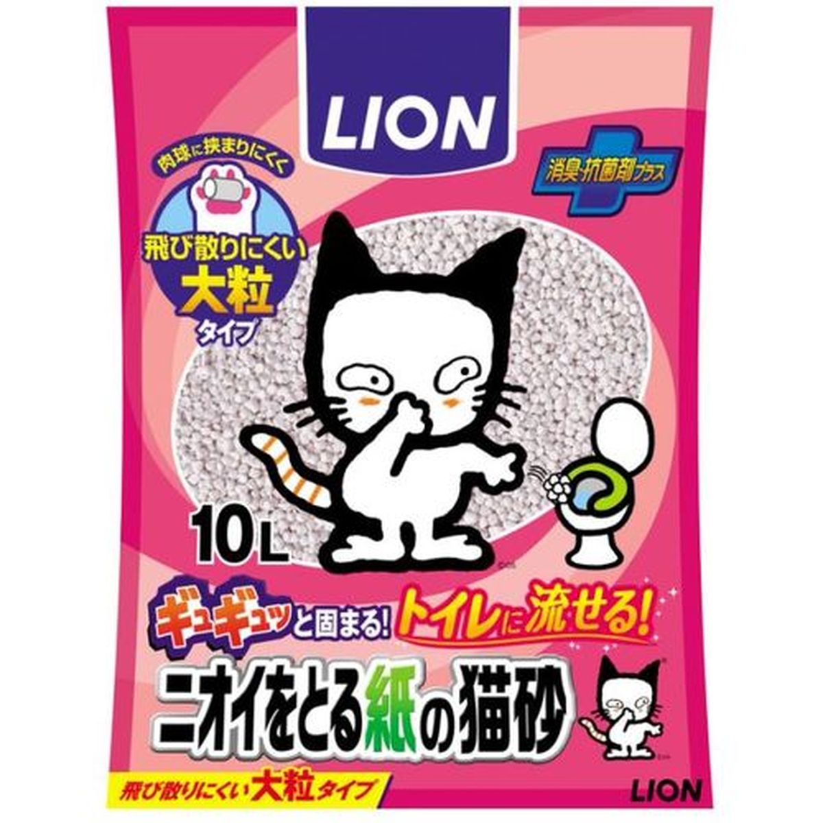 【商品の説明】肉球に挟まりにくい大粒タイプ。飛び散りにくく、おそうじカンタン。トイレに流せるタイプ。　大粒タイプで飛び散りにくい。トイレまわりのおそうじラクラク。 原材料：再生パルプ　高分子吸収材　銅系消臭抗菌剤 ●オシッコを吸収して猫砂が固まった後、排泄物と固まった部分をスコップなどで取り除く。●取り除いた分と同量の【ニオイをとる紙の猫砂】を補充する。 ●本品は猫用のトイレ砂です。用途外には使わない。●本品は食べ物ではありません。乳幼児・認知症の方などやペットが誤食等をしないよう管理する。●本品の全量交換や補充および廃棄のときは、換気をよくして微粉末を吸い込まないようにする。万一、目に入った場合はすぐに水で洗い流す。●飲み込んだり、目に入ったり、微粉末を吸い込んだりして、体調に異常が現れた場合には使用を中止し、本品を持参の上、獣医師（ペット）・医師（人）に相談する。●猫の尿量が多く、トイレ容器の底が汚れてしまう場合は、厚さ5~6cmより多めに猫砂を入れることをおすすめします。●猫が慣れない場合は、以前にご使用の猫砂に混ぜて少量ずつ切り替える。 トイレへの流し方：排泄物で固まった部分だけを流す。●水洗トイレに、固まりを1個だけ（直径5cm程度）入れる。直径5cmを大きく超えるものや2個以上同時には入れない。排水管を詰まらせる恐れがあります。●たまり水の中で固まりが崩れた後に、トイレの水量コックを必ず「大」の方で流す。●2個以上連続して流すときは、前の固まりを流した後、1~2回「大」の方で水を流してから、たまり水に次の固まりを1個だけ入れる。※浄化槽タイプの水洗トイレには絶対に流さず、可燃ゴミに出す。※時間がたって硬くなった固まりや、一度に多量に処理したい場合は、可燃ゴミに出す。※お住まいの自治体の指導がある場合にはそれに従う。トイレ用品