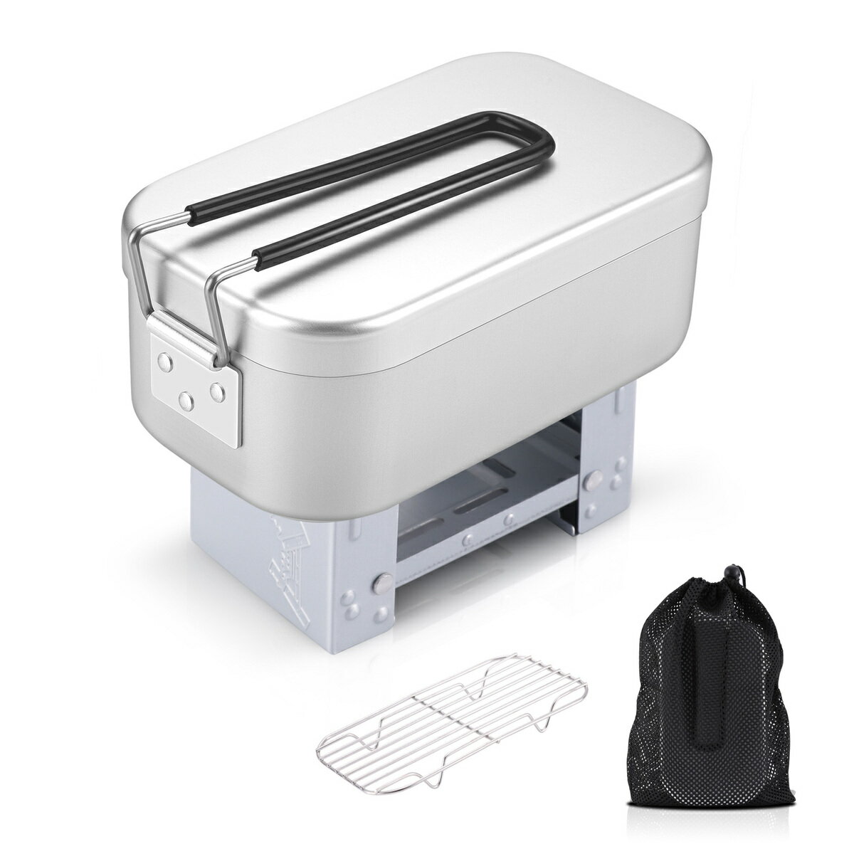 Hikenture山ご飯4点セット メスティン 目盛り付き バリ取り済み バットアミ付き アルミ飯盒 ポケットストーブ 収納袋付き 登山軽量 キャンプ用品 半自動炊飯