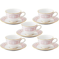 Noritake　（ノリタケ）　レースウッドゴールド　ティー・コーヒーカップ＆ソーサー　5客セット　（ピンク）　[ブランドロゴ入りギフトBOX]　【ギフト　出産内祝　結婚内祝　各種内祝】