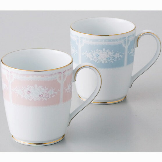 ノリタケ ( NORITAKE ) レースウッドゴールド ペアマグカップ 280ml ( ピンク ＆ ブルー ) ブランドロゴ入りギフトBOX 人気 ギフト 御祝 結婚祝 出産祝 新築祝 結婚内祝 出産内祝 新築内祝 各種内祝 快気祝 粗品 景品 記念品 歳祝