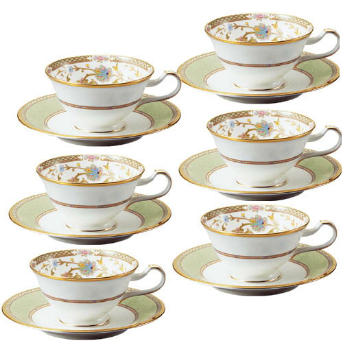 ノリタケ ( NORITAKE ) 日本製 ヨシノ ティー・コーヒーカップ＆ソーサー 6客セット 230ml ( グリーン ) [ブランドロゴ入りギフトBOX] 人気 ギフト 御祝 結婚祝 出産祝 新築祝 結婚内祝 出産内祝 新築内祝 粗品 景品 記念品 歳祝