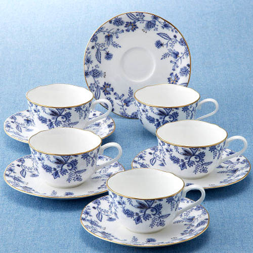 【 あす楽 土日 祝日対応 】ノリタケ ( NORITAKE ) ブルーソレンティーノ ティー コーヒーカップ＆ソーサー 5客セット 225ml ブランドロゴ入りギフトBOX 人気 ギフト 御祝 結婚祝 出産祝 新築祝 結婚内祝 出産内祝 新築内祝 景品 記念品 歳祝