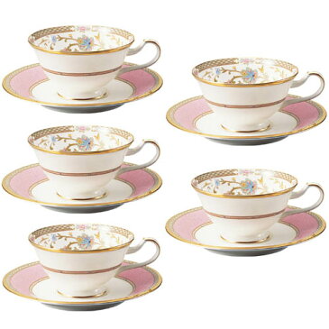 Noritake (ノリタケ) 日本製 ヨシノ ティー・コーヒーカップ&ソーサー 5客セット (ピンク) 【ギフト 出産内祝 結婚内祝 快気祝 お返し 各種内祝 引出物】