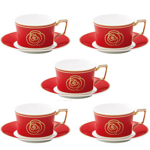 Noritake　（ノリタケ）　エイダン　ゴールド　ティー・コーヒーカップ＆ソーサー　5客セット　（レッド）　[ブランドロゴ入りギフトBOX]　【ギフト　出産内祝　結婚内祝　結婚式引出物　各種内祝　引出物】