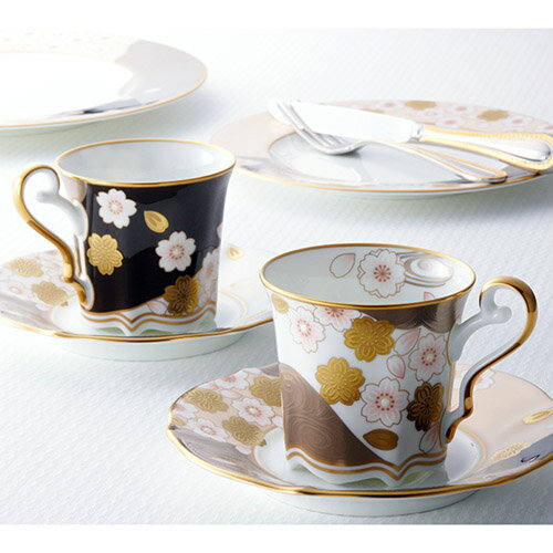 Noritake　（ノリタケ）　日本製　あやみなも　桜金銀彩 ＆ 夜桜金銀彩　コーヒーカップ＆ソーサーペア　[ブランドロゴ入りギフトBOX]　【あす楽_土曜営業】【あす楽_日曜営業】【ギフト　出産内祝　結婚内祝　結婚式引出物　各種内祝　引出物】