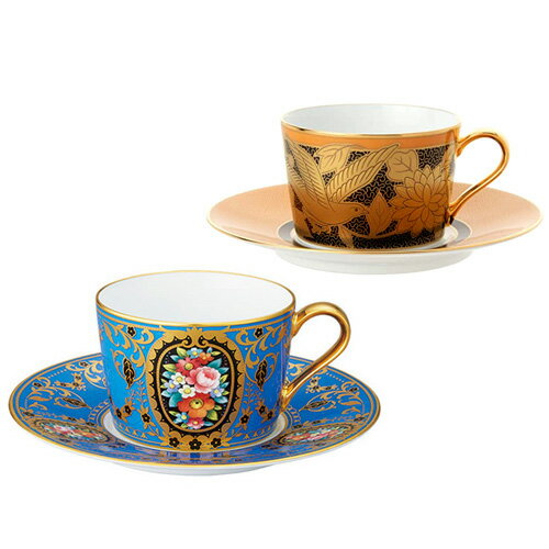 ノリタケ ( NORITAKE ) 日本製 オマージュコレクション 青絵花文 ＆ 橙絵花鳥文 カプチーノ コーヒーカップ＆ソーサーペア 210ml [ブランドロゴ入りギフトBOX] 人気 ギフト 御祝 結婚祝 出産祝 新築祝 結婚内祝 出産内祝 各種内祝 粗品 記念品 歳祝