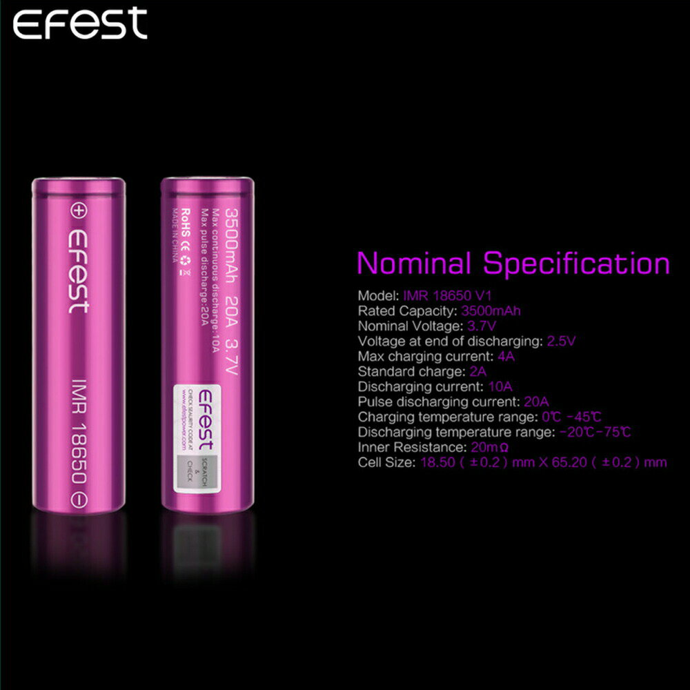 【メール便送料無料】 Efest IMR 18650 3500mAh 20A battery 【1本 価格】 電子タバコ フラットトップ バッテリー IMR リチウムイオン マンガン 電池 イーフェスト フラットトップバッテリー ケース付 VAPE ベイプ 爆煙 Hilax