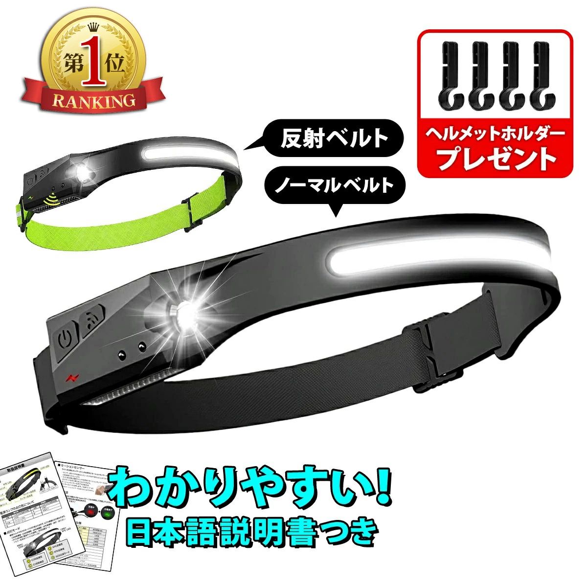 ヘッドライト 充電式 LED USB充電 COB 超広角 ヘッドランプ キャンプ 明るい 軽量 モーションセンサー タッチレス ハンズフリー フック ヘルメット 大容量バッテリー ホルダー 超強力 作業灯 釣り hiliteshop-10033185 ハイライトショップ パッケージ画像