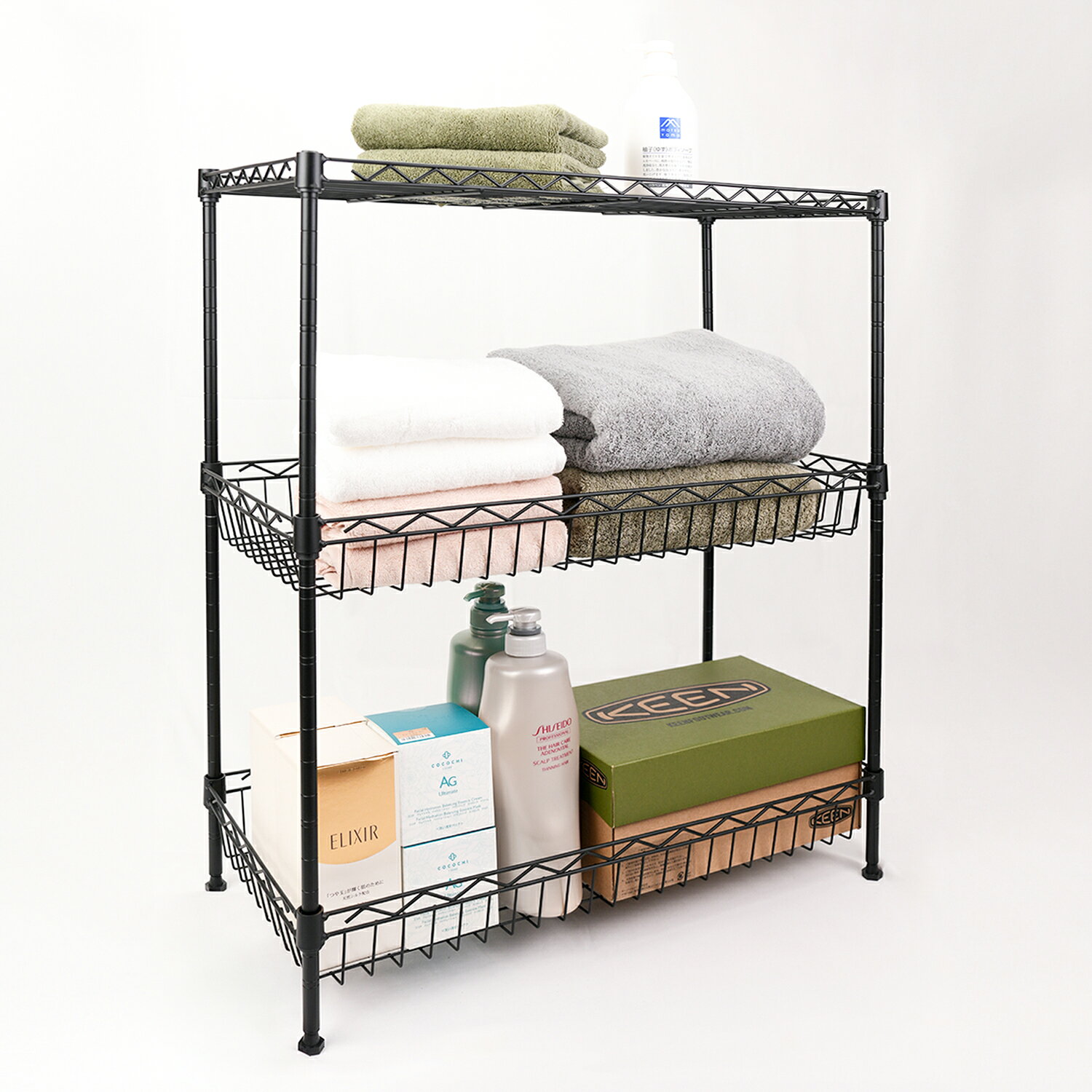 3段スチールラック ブラック 幅60×奥行30×高さ70cm ブラック ラック 棚 バスケット棚 キッチンワゴン ..