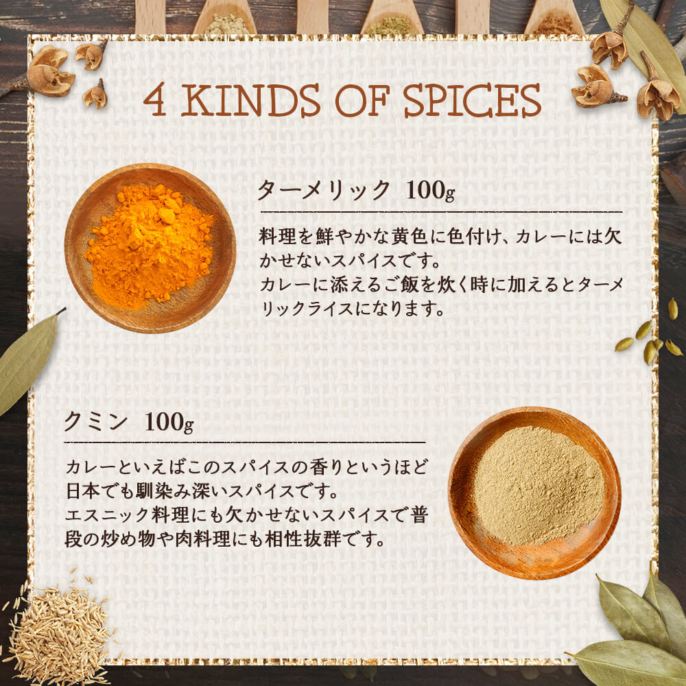 誕生日 お祝い 簡単スパイス4種類セット 基本のスパイスにオリジナルガラムマサラをプラスしたお得なセット 本格料理が作れる夢の万能調味料 4種類スパイスセット ターメリック クミン コリアンダー ガラムマサラ おうちカレー 各100g 送料無料 スパイス カレー カレー粉