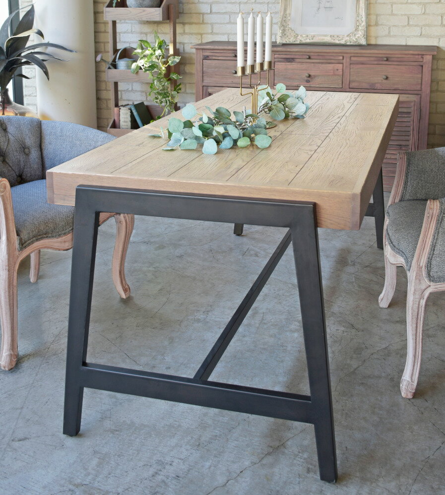 Rakuten - 天然木製 無垢材 突板仕様 ダイニングテーブル 天板極厚9cm 160x80x高73cm スチール脚と天然木の調和 インダストリアル シャビーシック