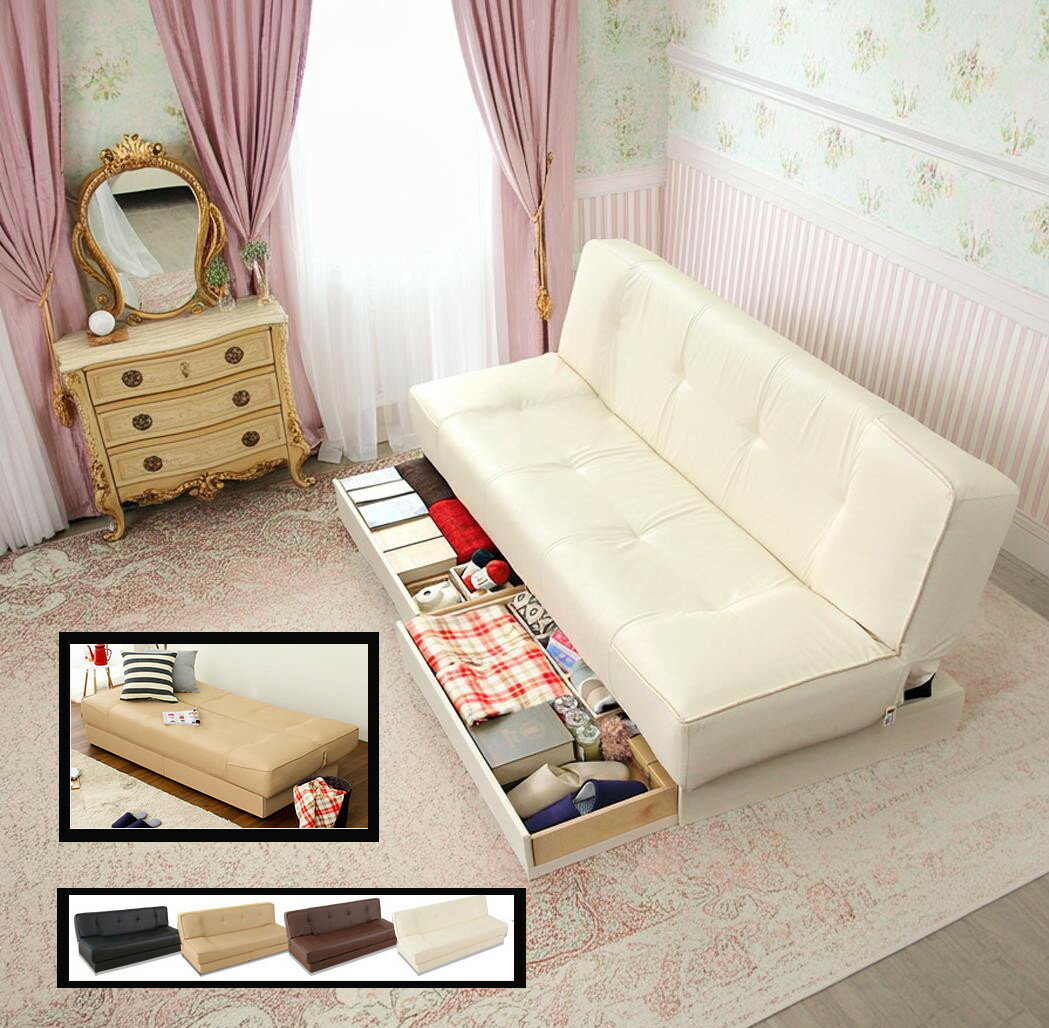 ソファベッド 収納 引出し付き 合皮レザー張り 日本製 3段階リクライニング機能付き メイドインジャパ..