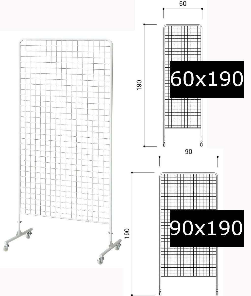 両面ネットスタンド 高さ190cm 白。スチール製 粉体塗装。サイズは以下の通り2通りから選択願います。サイズ(1)幅60(2)幅90×奥行50×高さ190cm。ネット面内寸(1)幅56(2)幅86×高さ159cm ネットピッチ5cm。重量(1)5.6kg(2)9.5kg。耐荷重30kg。お客様組立。樹脂製単輪キャスター直径4cm (ストッパー付き・無し×各2個) ネットの線材は直径3mmです。高さ 190cmのハイタイプ