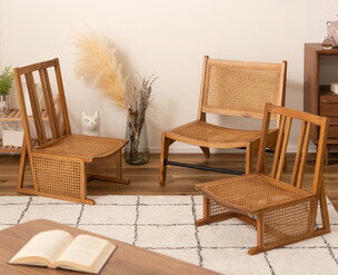 ラタン 籐 高座椅子 フロア椅子 フロアチェアー 天然木チーク材フレーム