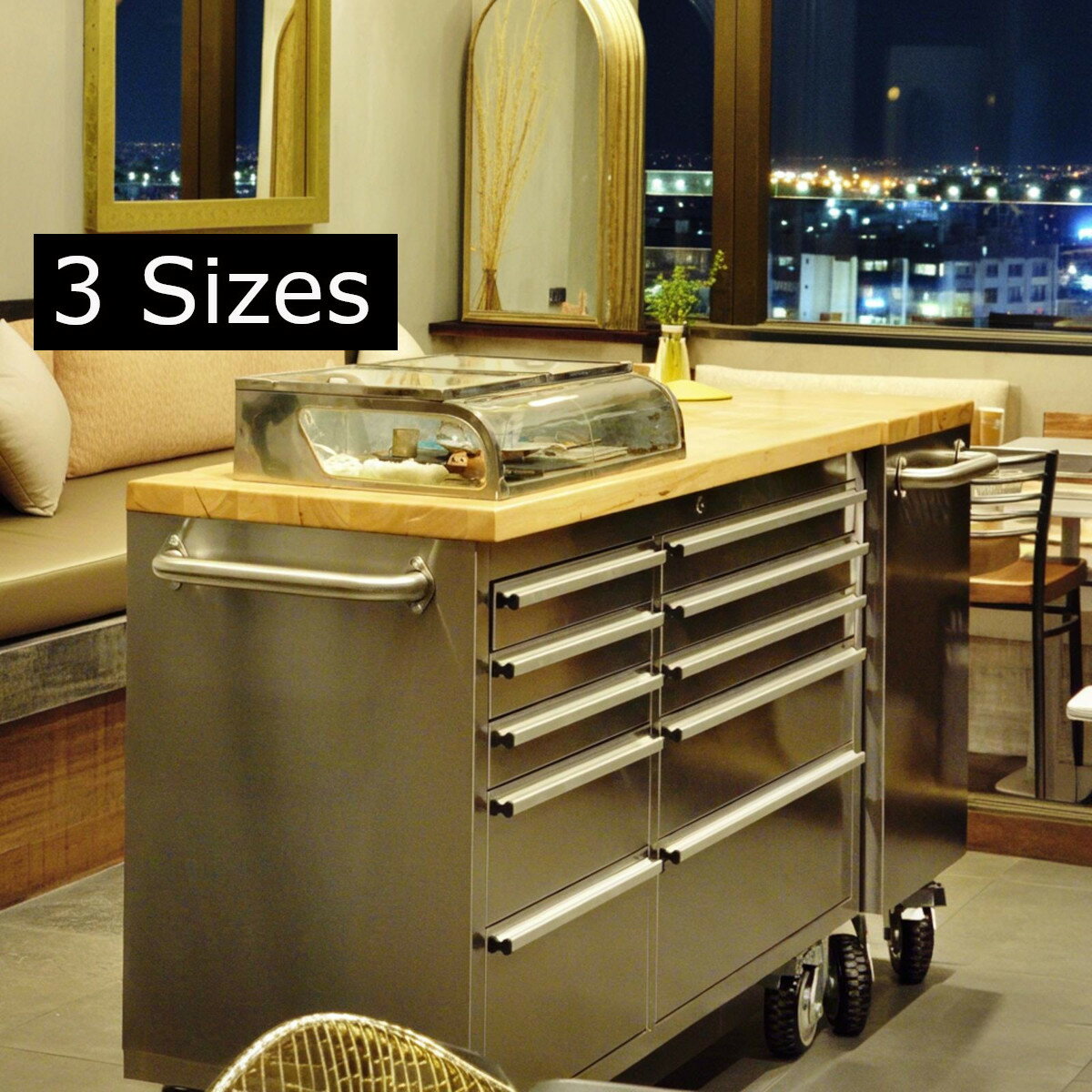 大容量収納付き カウンターテーブル 受付 レジ台 インダストリアル ステンレス製 天板天然木仕様 キャ..