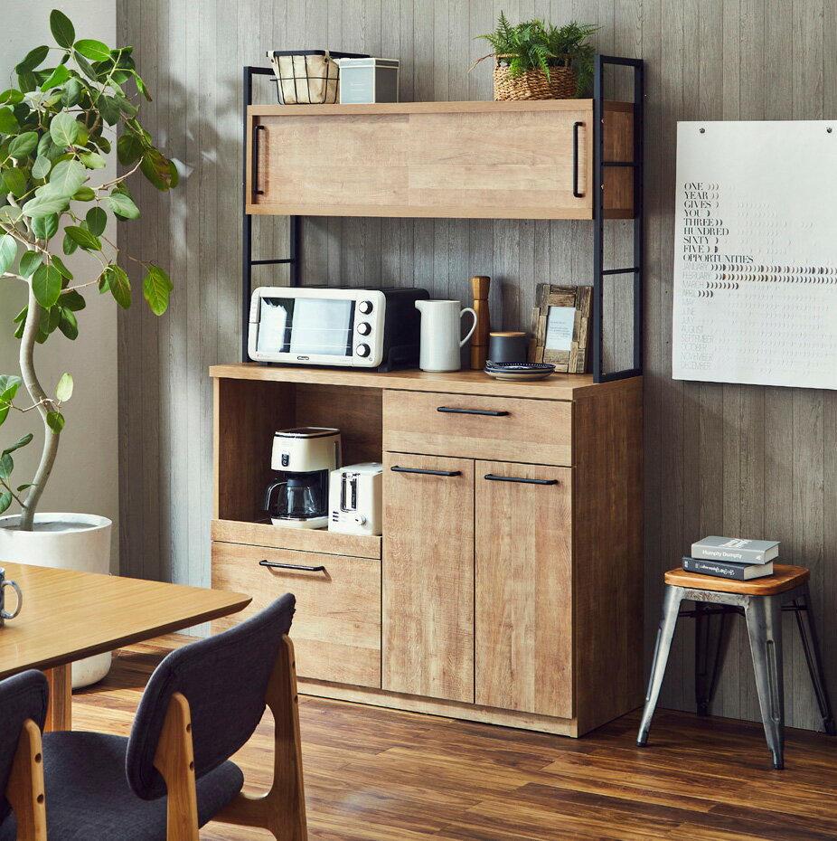 古木風木目柄とブラックアイアン仕様 日本製 インダストリアル シャビーシック キッチンボード リビン..