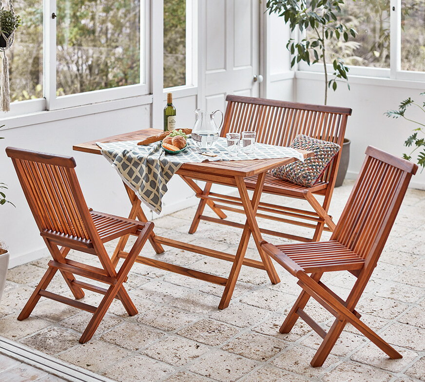 折りたたみ式 ダイニングテーブル ベンチ チェア 椅子 天然木チーク材仕様 オイル塗装