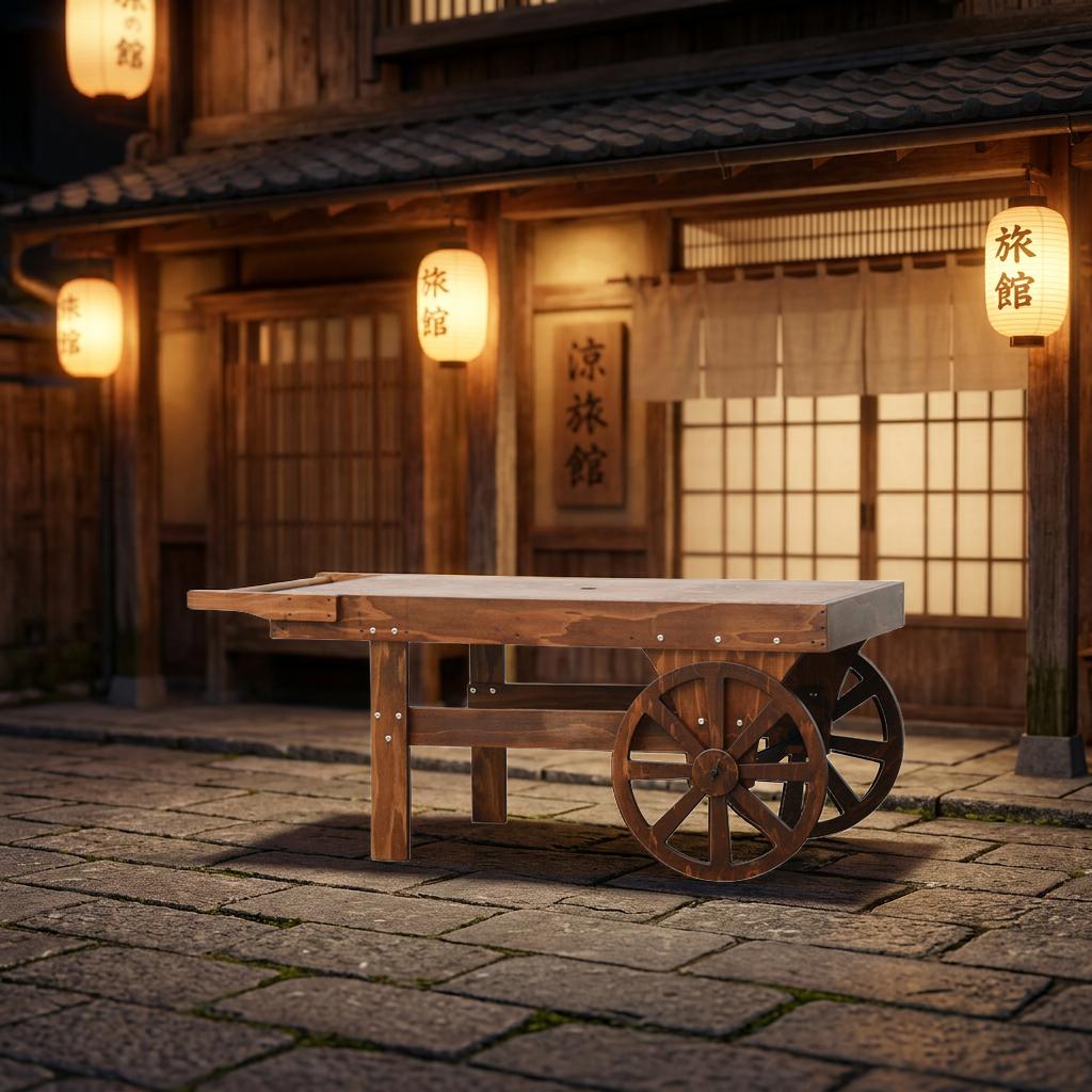 在庫が無い場合は受注生産なので2-4週間かかります。天然木ひのき材を使用した合板を用いた物販什器シリーズ（芯材まで全て桧を使用）。ボルトによる組立て式のワゴンタイプ販売台。マルシェイメージのナチュラル感あふれるたたずまい。食品や雑貨の陳列にぴったり。平台部分のサイズもたっぷり。木製車輪（φ55）付きで簡易移動も可能（金属製車軸採用）。チーク塗装仕上。パラソルは非売品です。製品の特性上、節や割れが表面上出る場合があります。天然素材の合板使用のため、返品対象外とさせていただきます。運送便の関係上、個人様宅への配達ができません。宛先には必ず法人名かお店の名前が必須です。サイズ幅173x奥行80x高70cm。平台内寸約145x70xH5.5cm 耐荷重約50kg 生産地日本 素材桧合板 桧丸棒（ハンドル）、スチール丸棒（車軸）展示会やイベント時に活躍