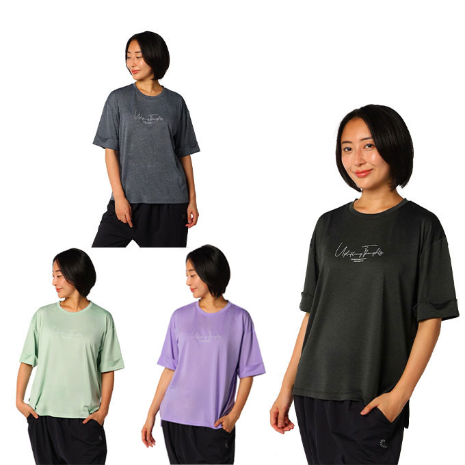 ゆったりとした着やすいシルエットのTシャツ。 後ろ側の丈を長くすることで、特に気になるヒップラインをカバー。 背面にはカラフルで明るいプリントデザインを施しています。 更にアクティブシーンには欠かせない、吸汗速乾とUVカット機能付きで快適に着用できます。 ■カラー：NDNV、MLPP、MGR、MBK ■サイズ： S(身幅/51cm、着丈前(SN)/58cm、肩幅/50cm、袖丈/20cm、天幅(外)/18.5cm) M(身幅/53cm、着丈前(SN)/60cm、肩幅/51cm、袖丈/20.5cm、天幅(外)/19cm) L(身幅/55cm、着丈前(SN)/62cm、肩幅/52cm、袖丈/21cm、天幅(外)/19.5cm) O(身幅/57cm、着丈前(SN)/64cm、肩幅/53cm、袖丈/21.5cm、天幅(外)/20cm) ※製品によって仕上りサイズに多少の誤差がありますのでご了承下さい。 ■素材：ポリエステル100% ■原産国：中国 ■特徴：QUICK DRY ■着用サイズ：M(身長/160cm、スリーサイズ/B83・W59・H87) 検索ワード：スポーツウェア トレーニングウェア フィットネスウェア ヨガウェア 半そで