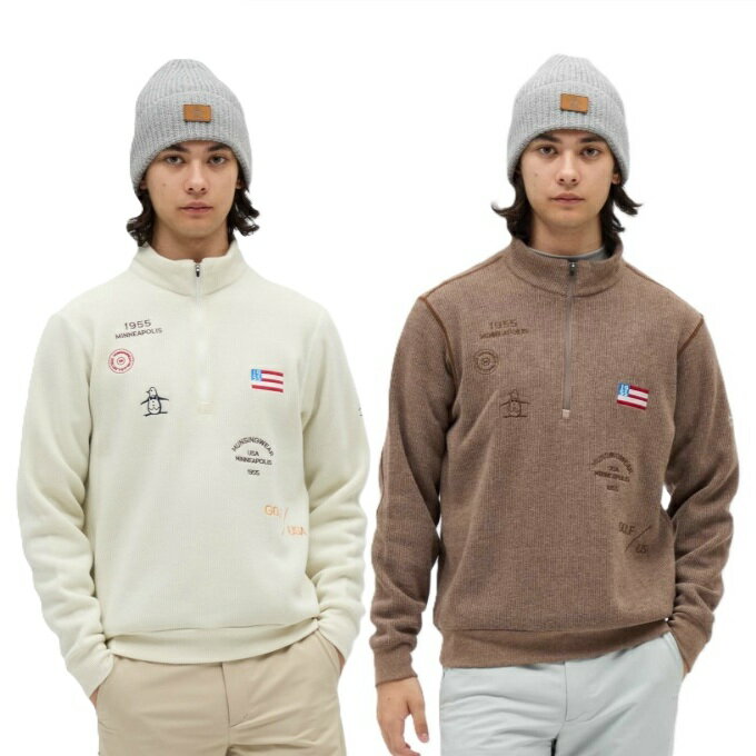 About Munsingwearマンシングウェアは、1886年にニットウェアメーカーとして誕生した伝統あるブランドです。1955年に初めてニットのゴルフシャツを発表して以来今日もなおゴルフシーンにおいてその歩みを続けています。---吸湿発熱機能で暖かく、スタイリッシュなハーフジップミドラー--- ■カラー：BW00、WH00 ■サイズ： M(身長/165-175cm、チェスト/88-96cm) L(身長/175-185cm、チェスト/96-104cm) LL(身長/175-185cm、チェスト/104-112cm) ※サイズは目安となります。 ご自身のサイズが2つのサイズの中間にある場合、タイトなフィット感がお好みであれば小さい方、ルーズなフィット感がお好みであれば大きい方のサイズをお選びいただくことをおすすめします。 ■素材： 本体/アクリル75%、レーヨン25% 袖口、裾/アクリル62%、レーヨン37%、ポリウレタン1% ■原産国：インドネシア ■機能：吸湿発熱 吸湿発熱素材を採用し、汗を吸収して熱に変換することで、暖かさをキープします。ゴルフシーンで気になる汗冷えを防ぎ、快適なプレーをサポートします ■特徴： 吸湿発熱機能を持つニット素材を採用した、ハーフジップ開きのスタンドカラーミドラーです。アクリルベースのウォーム感のあるタッチで、セーターのようなデザインに仕上げました。フロントには、複数のグラフィックを飛び刺繍風に表現し、デザイン性の高い一枚です。機能性とデザイン性を兼ね備え、冬のゴルフに最適です。 親子インレイ素材を採用しています。インレイとは、ニット生地の編成時に緯糸を挿入する編み方です。親子とは、太さの異なる縦ラインが交互に柄になっていることを指します。柔らかい風合いで肌触りが良く、快適な着心地を提供します。 ■シルエット：着映えする程よいレギュラーシルエットです。ゴルフシーンはもちろん、普段使いにも活躍します。
