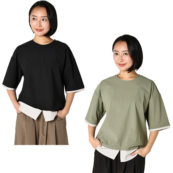 乐天商城 - アンドライフ(&life) Tシャツ 半袖 レディース 冷感ナイロン レイヤード風半袖機能T AL450101F061