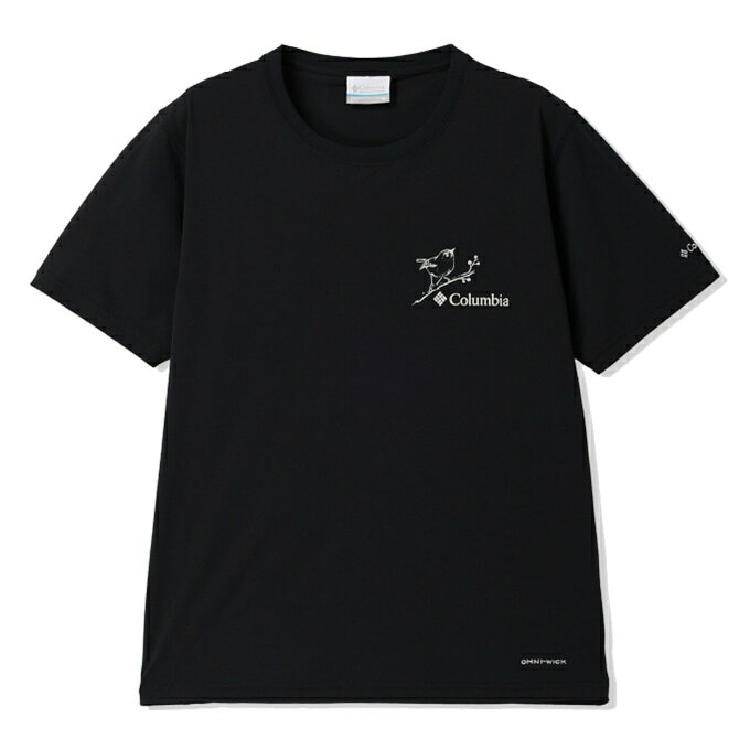 シンプルだけどカワイイ、夏を楽しむ素材とデザイン。 ■カラー：Black ■サイズ(cm)： S ( 着丈/55.5、胸囲/94肩幅/、38.5、ゆき丈/37.5 ) M ( 着丈/58、胸囲/98肩幅/、40、ゆき丈/39 ) L ( 着丈/60.5、胸囲/103肩幅/、42、ゆき丈/41 ) XL ( 着丈/63、胸囲/108肩幅/、44、ゆき丈/43 ) ※製品によって仕上りサイズに多少の誤差がありますのでご了承下さいませ。 ■着丈/目安：58.0cm(Mサイズ) ■着用感：REGULAR ■素材：ハイストレッチポリエステルシングルジャージ(ポリエステル100%) ■原産国：中国 ■機能：OMNI-WICK、OMNI-SHADE UPF50 ■特徴： ・コットンライク見えでハイクでも日常でも使いやすいショートスリーブTシャツ ・コロンビア独自の吸湿速乾機能「オムニウィック」でドライで快適な着心地 ・コロンビア独自のサンプロテクション機能「オムニシェイド」UPF50で日焼け防止対策 ・胸には長野県上高地に生息する野鳥/コマドリをモチーフ ・消臭糸を採用し、気になる汗対策も 検索ワード：アウトドアウェア トレッキングウェア 半そで ショートスリーブ