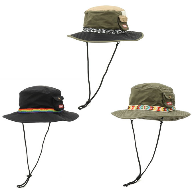アウトドアスタイルにフィットする、CHUMS定番のフェスハット ■カラー：Black、IVCRAZY、Khaki ■サイズ：F/頭周り Free size(58cm) ■素材：Cotton 70% Nylon 30% ■原産国：中国 ■仕様： ・ユニセックス対応 ・UVカット ・撥水加工 ・内側には通気性の良いメッシュ素材を使用 ・風が強い時にも安心なあご紐付き（取り外し可） ・側面にマチ付きポケット（スナップボタン付き） ・ポケットにはCHUMSロゴ刺繍入り ・色ごとに異なるチロリアンテープがデザインアクセント ■素材特性： コットンとナイロンを混紡した素材を使用。内側には通気性の良いメッシュ素材を採用し、ムレにくく快適な被り心地を実現。程よいハリ感と軽さを兼ね備え、アクティブなシーンにも対応します。 検索ワード：帽子 ぼうし