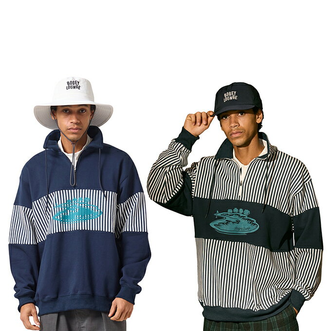 80年代アメカジを思わせるレトロなストライプが印象的なハーフZIPプルオーバー。 ■カラー：90(ストライプ)、91(ネイビーブルー) ■サイズ(実寸サイズ)：M、L、LL M(身幅/61cm、着丈/70cm、肩幅/50cm、袖丈/60cm) L(身幅/63cm、着丈/72cm、肩幅/52cm、袖丈/61cm) LL(身幅/65cm、着丈/74cm、肩幅/54cm、袖丈/62cm) ※製品によって仕上りサイズに多少の誤差がありますのでご了承下さいませ ■素材：本体/綿100% ■原産国：中国 ■特長： ・胸元にはブランドらしいアイコニックなワンポイントロゴを配置し、カジュアルながら存在感のあるデザインに仕上げています。 ストライプ×無地の切り替えバランスが絶妙で、1枚でコーデの主役になるアイテムです。 軽い着心地と程よいリラックスシルエットで、タウンユースからゴルフシーンまで幅広く活躍します。 ・おすすめポイント レトロなストライプで80’sアメカジの雰囲気を再現 ハーフZIPで温度調整しやすく、レイヤードも自在 胸元のブランドロゴがアクセントに スウェット感覚で着られて使い勝手抜群 コーデの主役になる存在感のあるデザイン ・アメカジ×スポーツテイストの絶妙なミックスで、着るだけで雰囲気が出る一着です