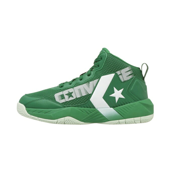 コンバースのバスケットカテゴリー CONVERSE BASKETBALL のミニバスモデル ■カラー：GR/WH ■サイズ：22.5cm～24.0cm ■足幅：2E ■素材： アッパー/メッシュ、TPU、シンセティック ミッドソール/圧縮E.V.A. アウトソール/ラバー ■原産国：中国 ■特長： ・富樫選手シグネチャーモデル(UNAVERAGE MID)のデザインイメージを受け継ぎ、ジュニアモデルへと落とし込んでいる ・フィルム仕様で軽量性と適確位置へのサポートを提供しながら広いメッシュ面がもたらす通気性も確保した総合バランスのとれたアッパー構成 ・富樫選手に憧れを持ったジュニア世代に対してアプローチしやすい富樫モデルの要素を取り入れたデザイン ・底面がハニカム状になっているE.V.Aインソールを採用しクッション性を向上 ・富樫選手シグネチャーモデルと連動したグリーン/ホワイト 検索ワード：ミニバス バッシュ バスケットボールシューズ バスケシューズ バスケットボール バスケット バスケ シューズ 靴