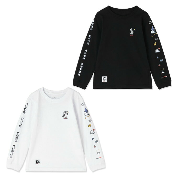 レトロゲームの世界観を落とし込んだ、あそびゴコロあふれるロングスリーブTシャツ ■カラー：Black、White ■サイズ(cm)： 90－100（S） ( 着丈/38.5、肩幅/28、身幅/31、袖丈/31 ) 100-115（M） ( 着丈/42.5、肩幅/30、身幅/33、袖丈/35.5 ) 115－130（L） ( 着丈/47.5、肩幅/33、身幅/36、袖丈/42 ) 130-145（XL ( 着丈/52.5、肩幅/35、身幅/40、袖丈/48 ) ※製品によって仕上りサイズに多少の誤差がありますのでご了承下さいませ。 ■素材：Cotton 100% ■原産国：中国 ■デザイン： レトロゲームをテーマにした、どこか懐かしくも新しいロングスリーブTシャツ。 左袖にはシューティングゲームをイメージしたグラフィックをプリント。ブービーバードが敵やアイテムを撃ち落としながら進んでいく、ゲームの世界観を表現しています。右袖にはCHUMSの合言葉「HANG WITH YOUR CHUMS！」をドット文字でプリント。さらに、左胸にはコインを手にしたピクセルブービーをクロスステッチ風にデザインし、シンプルながらも細部にこだわりを感じられる仕上がりです。 ■素材特性： タフな空紡糸で編み立てたコットン100％を使用。耐久性に優れ、型崩れしにくいしっかりとした生地感が特徴です。表面はやや起毛感があり、あたたかな肌触りで一枚でも着用しやすいのも魅力です。 検索ワード：アウトドアウェア トレッキングウェア 長そで