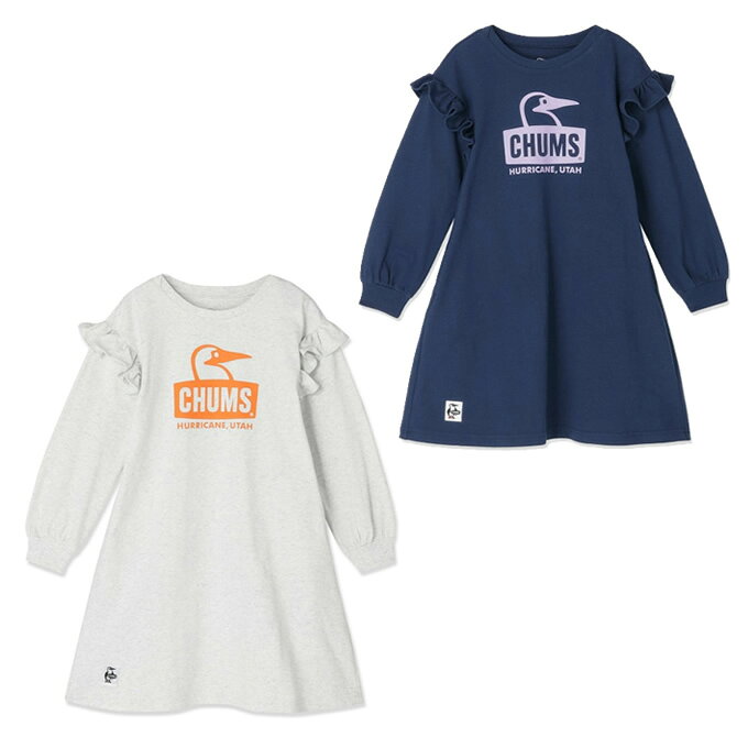 フリルデザインがかわいい、毎日着たくなるワンピース ■カラー：ASH GY*OR( Ash Gray x Orange )、NV*LILAC( Navy x Lilac ) ■サイズ(cm)： 90－100（S） ( 着丈/55、肩幅/33、身幅/33、裄丈/43.5、袖丈/27 ) 100-115（M） ( 着丈/60、肩幅/35、身幅/35、裄丈/49.5、袖丈/32 ) ※製品によって仕上りサイズに多少の誤差がありますのでご了承下さいませ。 ■素材：Cotton 100% ■原産国：中国 ■デザイン： アーム部分のフリルデザインがかわいいワンピース。 膝下丈で動きやすく、両サイドにポケットを配しているのでお出かけにも便利です。フロントにはブービーフェイスロゴをプリントし、女の子らしい明るい配色で仕上げています。 大人のレディースロンT（品番：CH18-1397）とロゴカラーを揃えており、ママとのリンクコーデも楽しめます。 ■素材特性： タフな空紡糸で編み立てたコットン100％を使用。耐久性に優れ、型崩れしにくいしっかりとした生地感が特徴です。表面はやや起毛感があり、あたたかな肌触りで一枚でも着用しやすいのも魅力です。 検索ワード：アウトドアウェア トレッキングウェア 長そで