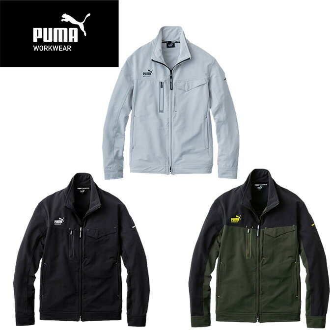 日本の現場が求める機能性を備えたPUMA WORK WEAR 日本オリジナルモデル。 細部にまでこだわり抜いたデザインに加え、最先端のスポーツテクノロジーで培った高ストレッチ性生地が、体に添う自然なラインと動きやすさという快適性を実現しました。 ■カラー：シルバー（SILVER）、ブラック（BLACK）、ミリタリーグリーン（KHAKI） ■サイズ(cm)： S(着丈/60、肩巾/42、バスト/101、袖丈/58) M(着丈/62、肩巾/44、バスト/105、袖丈/60) L(着丈/64、肩巾/46、バスト/110、袖丈/61) LL(着丈/65、肩巾/48、バスト/115、袖丈/62) 3L(着丈/66、肩巾/50.5、バスト/121、袖丈/63) ※製品によって仕上りサイズに多少の誤差がありますのでご了承下さい。 ■素材：ナイロン88％、ポリウレタン12％ ■特徴： ワンポイントロゴを配置したシンプルなデザインで幅広いニーズに対応 伸縮率60% 超の4WAY ストレッチでどんな動きにも対応し、快適な作業環境を提供 肌触りが良く快適な着心地。3色のカラーバリエーション 左胸にはペン差し+隠しドット釦を付けたフラップポケットに、切り替えを利用した便利な収納スペース。 左袖にあるロゴプリントのポケットが、ワークジャケットの個性を引き立て、アクセントになります。 フロントは下からも開ける事の出来る上下オープンファスナーを使う事で、着脱が簡単で通気性も調整可能です。 オリジナルのロゴ入り引手がグローブをしていても開閉しやすく、アクセントになっています。 フロントは下からも開ける事の出来る上下オープンファスナーを使う事で、着脱が簡単で通気性も調整可能です。 検索ワード：アウター 上着 ブルゾン プーマ ワークウェア PUMA WORKWEAR