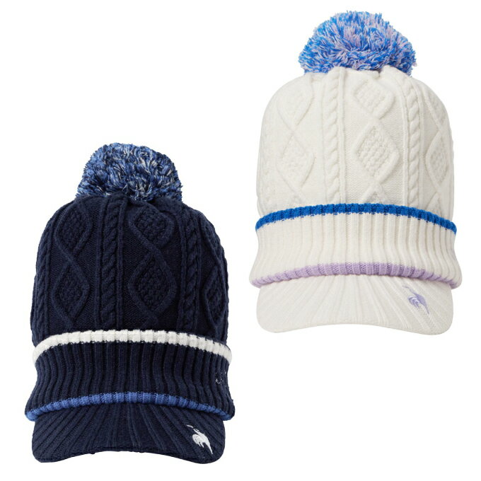 毎年定番の庇付きニットキャップは、防寒対策に最適なアイテム。 アパレルと連動したJean Cocteauの絵画をイメージしたデザインが特徴で、シンプルながらもスタイリッシュな印象を与えます。 寒い季節に欠かせないアイテムで、ゴルフや日常のコーディネートにもぴったりです。 ■カラー：WH00、NV00 ■サイズ：F ■素材：レーヨン47%、ポリエステル31%、ナイロン22% ■原産国：中国 検索ワード：帽子 ぼうし