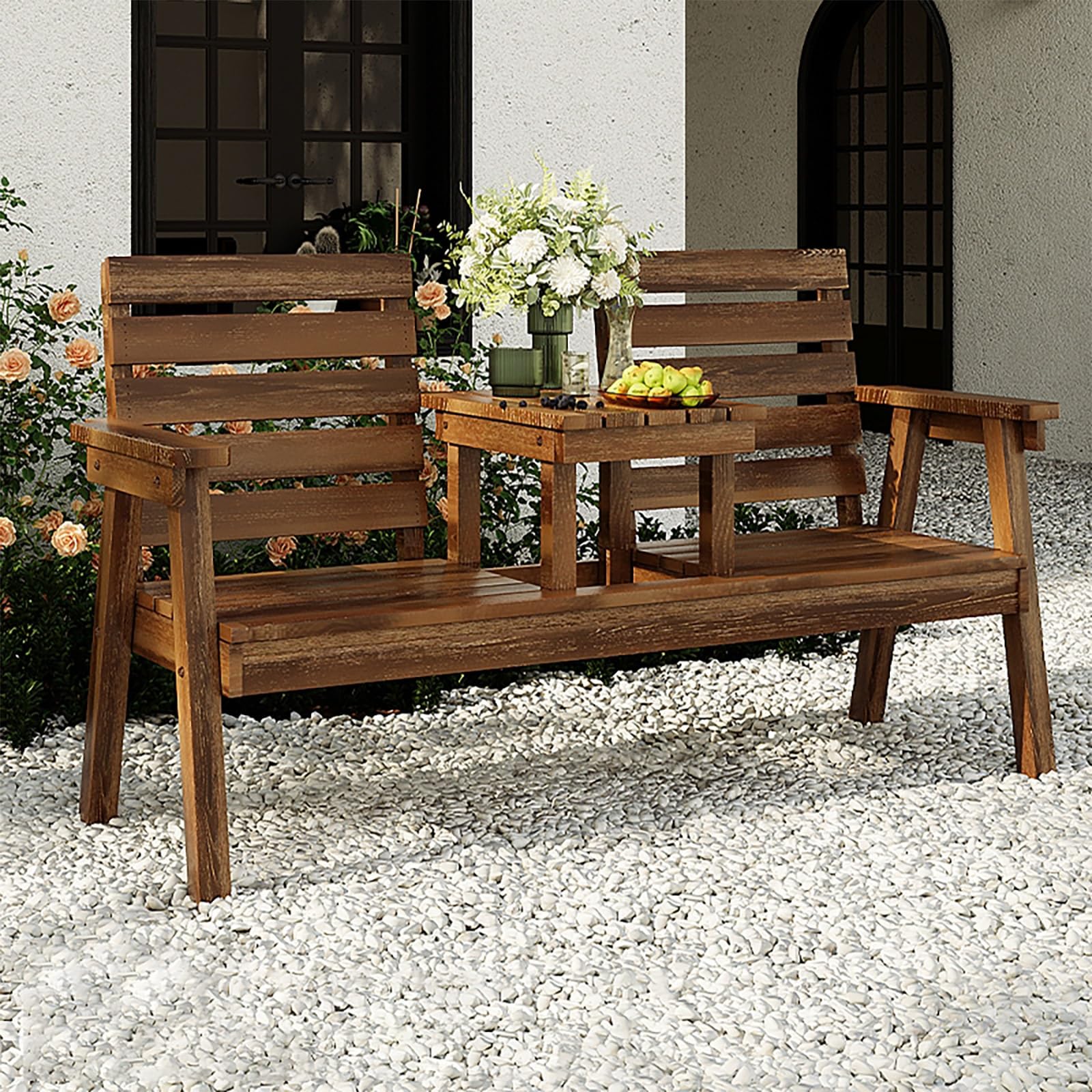 屋外用ガーデンベンチ ミドルテーブル付きアウトドアベンチ 背もたれとアームレスト付きガーデンベンチ 耐候性 ポーチや庭用(イエロー)