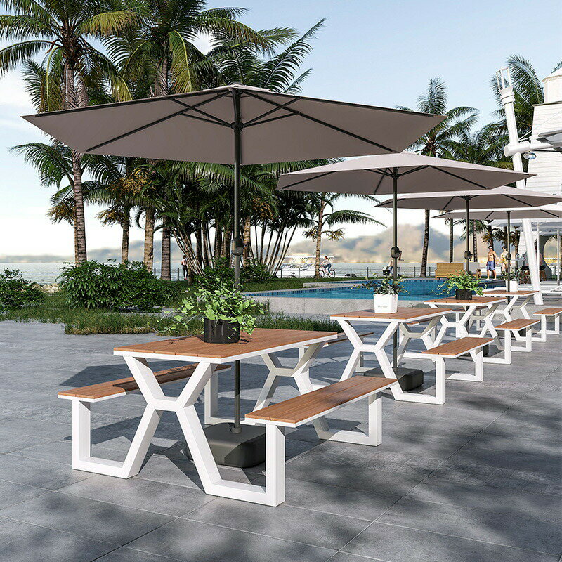 屋外用 一体型人工木ベンチテーブルセット｜公園・商業施設・カフェ・飲食店に最適｜パラソル付き