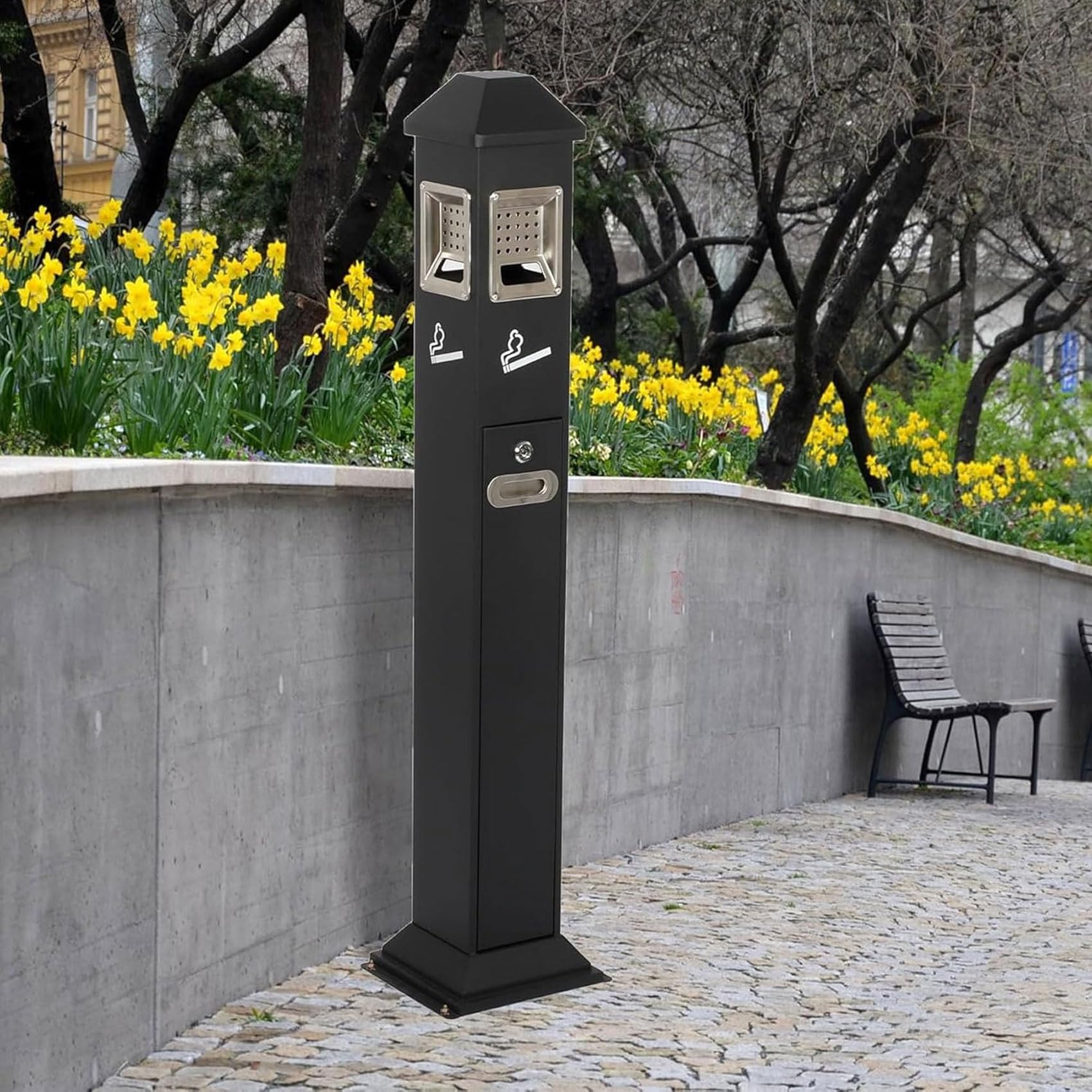 業務用ゴミ箱 アウトドアフロアスタンディング灰皿 商業用垂直タバコ吸殻容器、蓋付きのステンレス製防..