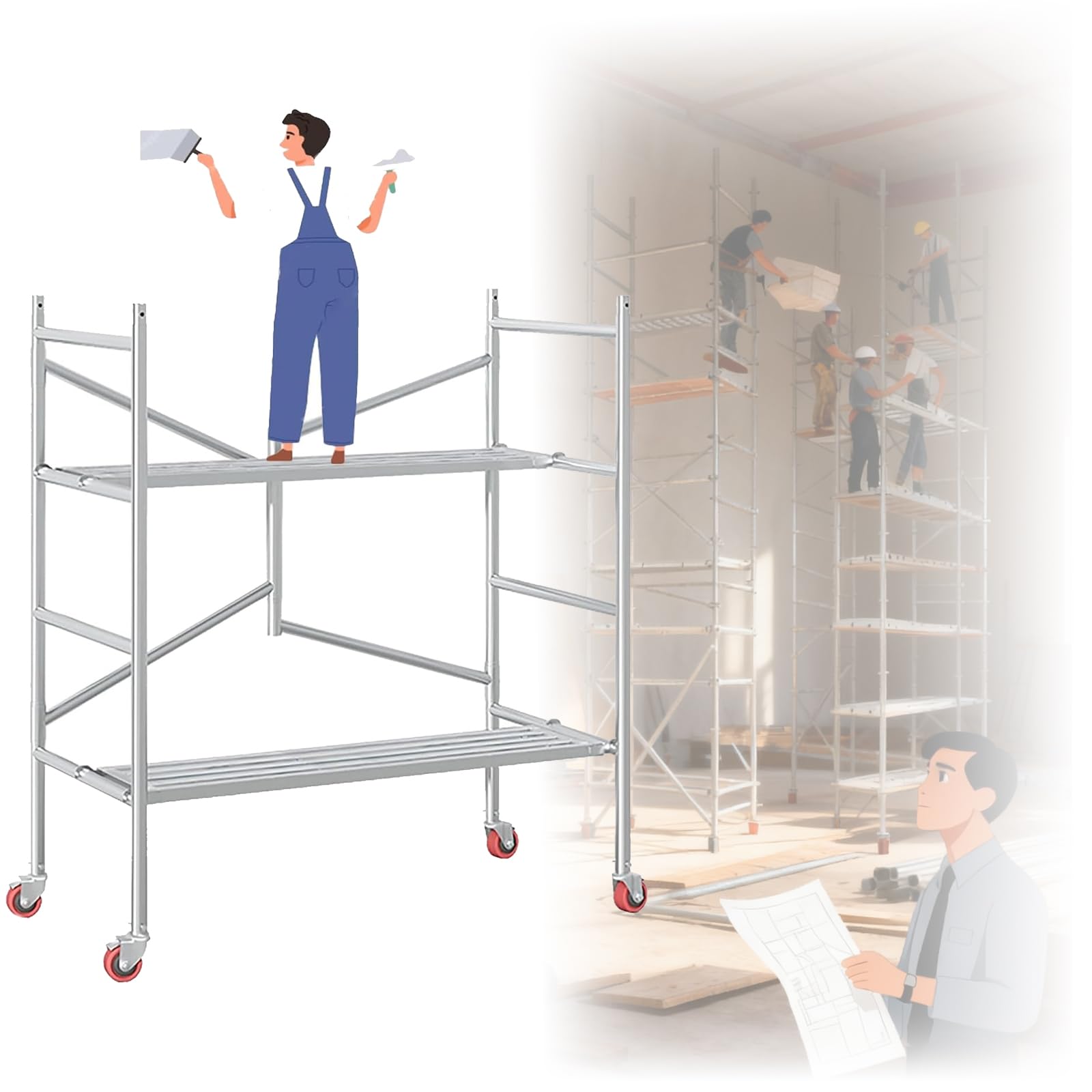 足場 高所作業台 折りたたみ足場 作業用踏台 脚立 ローリングタワー ブレーキ付きキャスター 移動式足..