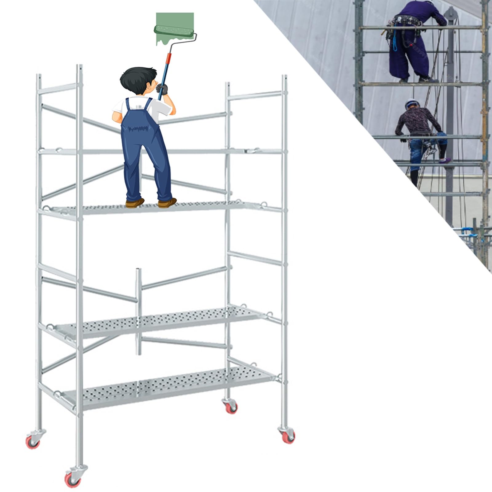 高所作業台 ローリングタワー ブレーキ付きキャスター スチール 安定した構造 作業用階段室内室外両用 ..