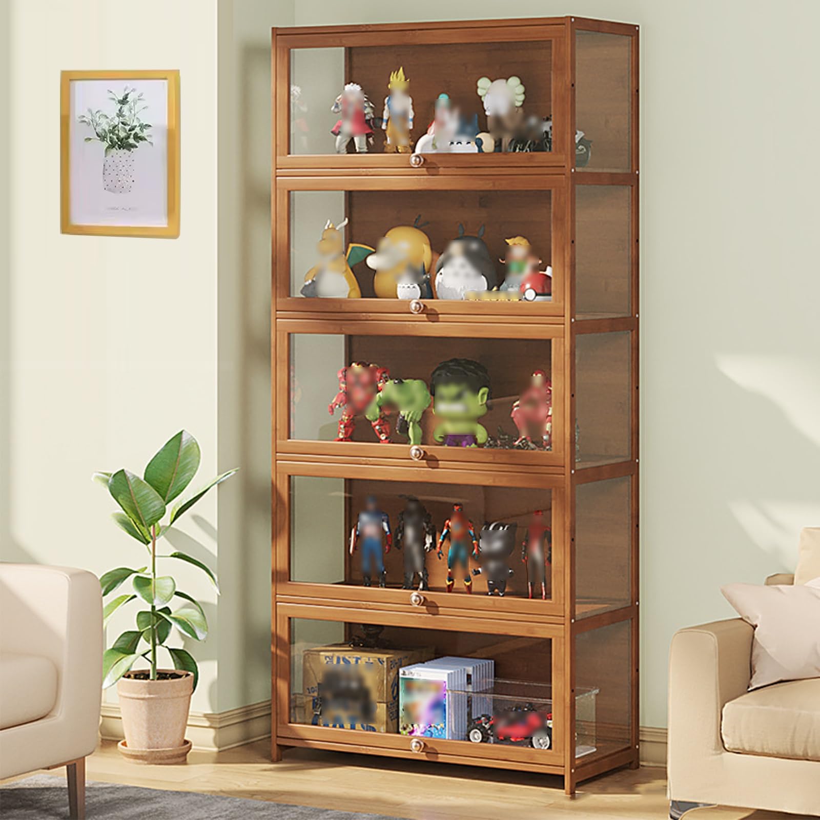 アクリルガラスドアを備えた収納ラック フィギュアディスプレイキャビネット 天然竹フレーム、安全で健..