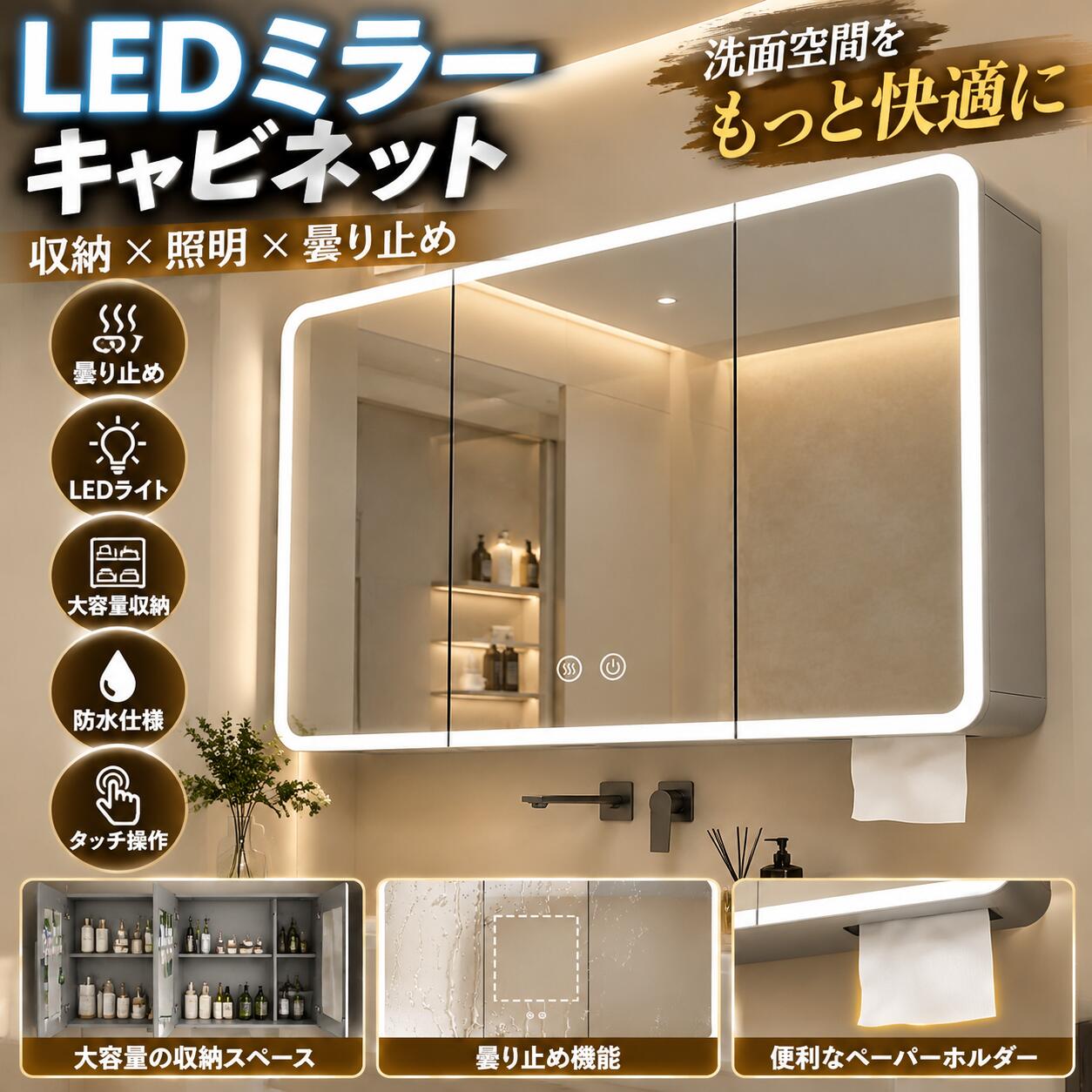 スタイリッシュな壁掛けデザイン：シンプルでモダンなデザインが特徴のLEDウォールミラー。省スペース設計なので、洗面所バスルームトイレなど、限られたスペースでもスッキリと設置可能です。自然光に近い光を再現できるLEDで上下または左右から照らすので、身だしなみが確認しやすく、メイクもムラなく仕上がります。照明部は、消灯時もうっすらとした透け感が美しいアクリルフロスト仕上げ。耐久性のある構造： 当社の薬棚オーガナイザーは、高品質な宇宙アルミニウムで作られており、日常の使用に耐えるだけでなく、数年間そのスタイリッシュな外観を維持します。蒸気のシャワーを扱ったり、洗面器から水しぶきが出たりしても、当社の鏡とライト付きのバスルームキャビネットはそのままの状態を保ちます。スマート防曇機能： このスタイリッシュな洗面化粧台ミラーキャビネットは、薄型で防曇鏡が付いています。ボタンを軽く押すと、鏡が暖かくなり、結露を防ぎ、いつでも快適にメイクができます。スペース節約のデザイン： 高品質の宇宙アルミニウムを使用した当社の洗面ミラーキャビネットを活用して、お風呂場の可能性を最大限に引き出してください。洗面ミラーはコンパクトで広々としており、垂直スペースを効果的に活用し、豊富な収納スペースを提供しますが、バスルームを散らかさないよう配慮されています。[品質保証]：アイテムを受信したときに、あなたがどんな製品に問題がある場合は、私達に連絡することを躊躇しないでください、私たちは24時間以内に解決策を返信し、あなたを提供します。注意:1.商品のサイズは手作業で測定しているため、1〜3cmの若干の誤差はご了承ください。2.モニター、撮影光、その他の要因により、製品の色は写真と若干異なる場合がありますので、ご了承ください。3.私たちは顧客に高品質の製品と優れたサービスを提供することを目指しています。ご質問があれば、お気軽にお問い合わせください。24時間以内に満足のいく回答をさせていただきます。品質サービス:1、 当社の製品に問題がある場合は、お気軽にお問い合わせください。2、輸送中に多少の衝撃が加わる可能性がございます。万が一不具合や破損などがございましたら、部品の再送など対応させていただきますので、お気軽にご連絡くださいませ。3、商品が多いため、発送時に説明書をお送りし忘れることがございます。万が一、説明書が届いていない場合や、商品組み立てに関してご不明点がございましたら、お手数ですがご連絡いただけますようお願い申し上げます。電子版の説明書を再送させていただきますので、どうぞご安心ください。お客様にはご理解いただきますようお願い申し上げます。お客様のご支援が、私たちの励みとなっております。スタイリッシュな壁掛けデザイン：シンプルでモダンなデザインが特徴のLEDウォールミラー。省スペース設計なので、洗面所バスルームトイレなど、限られたスペースでもスッキリと設置可能です。自然光に近い光を再現できるLEDで上下または左右から照らすので、身だしなみが確認しやすく、メイクもムラなく仕上がります。照明部は、消灯時もうっすらとした透け感が美しいアクリルフロスト仕上げ。耐久性のある構造： 当社の薬棚オーガナイザーは、高品質な宇宙アルミニウムで作られており、日常の使用に耐えるだけでなく、数年間そのスタイリッシュな外観を維持します。蒸気のシャワーを扱ったり、洗面器から水しぶきが出たりしても、当社の鏡とライト付きのバスルームキャビネットはそのままの状態を保ちます。スマート防曇機能： このスタイリッシュな洗面化粧台ミラーキャビネットは、薄型で防曇鏡が付いています。ボタンを軽く押すと、鏡が暖かくなり、結露を防ぎ、いつでも快適にメイクができます。スペース節約のデザイン： 高品質の宇宙アルミニウムを使用した当社の洗面ミラーキャビネットを活用して、お風呂場の可能性を最大限に引き出してください。洗面ミラーはコンパクトで広々としており、垂直スペースを効果的に活用し、豊富な収納スペースを提供しますが、バスルームを散らかさないよう配慮されています。[品質保証]：アイテムを受信したときに、あなたがどんな製品に問題がある場合は、私達に連絡することを躊躇しないでください、私たちは24時間以内に解決策を返信し、あなたを提供します。注意:1.商品のサイズは手作業で測定しているため、1〜3cmの若干の誤差はご了承ください。2.モニター、撮影光、その他の要因により、製品の色は写真と若干異なる場合がありますので、ご了承ください。3.私たちは顧客に高品質の製品と優れたサービスを提供することを目指しています。ご質問があれば、お気軽にお問い合わせください。24時間以内に満足のいく回答をさせていただきます。品質サービス:1、 当社の製品に問題がある場合は、お気軽にお問い合わせください。2、輸送中に多少の衝撃が加わる可能性がございます。万が一不具合や破損などがございましたら、部品の再送など対応させていただきますので、お気軽にご連絡くださいませ。3、商品が多いため、発送時に説明書をお送りし忘れることがございます。万が一、説明書が届いていない場合や、商品組み立てに関してご不明点がございましたら、お手数ですがご連絡いただけますようお願い申し上げます。電子版の説明書を再送させていただきますので、どうぞご安心ください。お客様にはご理解いただきますようお願い申し上げます。お客様のご支援が、私たちの励みとなっております。