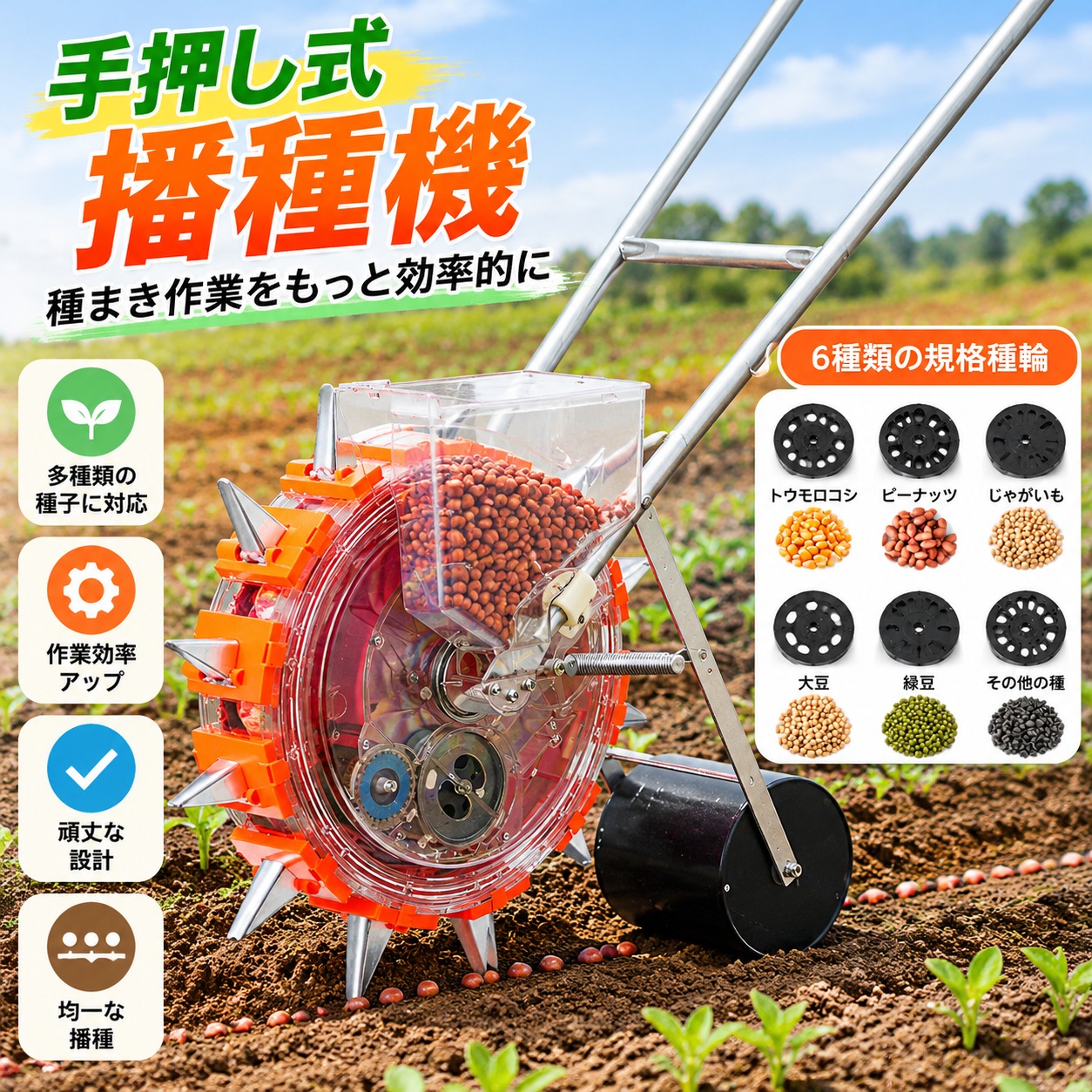 ✅高品質：球形の種まき機は、長期間使用しても変形しません。防食表面処理花播種機には7つの仕様があります：各仕様は異なる間隔に対応しています：5穴-30cm、6穴-28cm、7穴-23cm、8穴-20cm、9穴-18.5cm 、10穴-16.5 cm、12穴-13.5cm。· ✅正確な播種：約38種類の種子の深さと間隔を制御します。頑丈な畝間プラウにより、シードの深さを正確に挿入できます。この精密な庭のプランターは、食物と中規模の庭を育てる人々のための選択のツールです。· ✅時間を節約：植えるのに屈する必要はありません。この真新しい半自動プランターは、穴を掘ったり、移植したり、土を覆ったりするのに役立ちます。乾燥しすぎたり湿気が多すぎたりする土壌に播種することは避けてください。· ✅植えやすい：このプッシュプランターは、庭に植えるときにとても簡単でリラックスできます。この種のプランターはあなたの時間を非常に効果的に節約することができます。山岳地帯、平野、温室、丘、尾根などのシーンで広く使用されています。· ✅車輪付きハンドプッシュプランター：このプランターは頑丈で実用的なヘルパーであり、素早く交配し、種子や播種を節約し、作業効率を向上させることができます。 6つのシードトレイが含まれていると、ピーナッツ、スイートコーン、大根、ネギ、ほうれん草、にんじん、レタス、カブ、豆、小さなエンドウ豆、大きなエンドウ豆、ビート、オクラ、スイスチャードなどの野菜を育てることができます。詳細:- 製品名：手押し式ホットウィールシードドリル- 製品の特徴: 自動カバー後、加圧ローラー圧縮- 種まき深さ：3.5～7.8cm- 播種量: 1 ピットに 1 ～ 2 粒-5 口ホイール - 植物間隔 30cm-6 口ホイール - 植物間隔 28cm-7 口ホイール - 植物間隔 23cm- 8 口ホイール - 植物間隔 20cm- 9 口ホイール - 植物間隔 18.5cm- 10 口ホイール - 植物間隔 16.5cm- 12 口ホイール - 植物間隔 13.5cm- 人的操作: 単回使用/ウォーキング播種- 精密播種: 1 ～ 2 個の小粒、きめの細かいピット。- 多様な種まき: トウモロコシ/大豆/3-15mm の種にすることができます。ご来店誠にありがとうございます。豊富な品ぞろえでお客様が欲しい商品を充実させて頂きます。ご質問がございましたら、遠慮なくお問い合わせください。✅高品質：球形の種まき機は、長期間使用しても変形しません。防食表面処理花播種機には7つの仕様があります：各仕様は異なる間隔に対応しています：5穴-30cm、6穴-28cm、7穴-23cm、8穴-20cm、9穴-18.5cm 、10穴-16.5 cm、12穴-13.5cm。· ✅正確な播種：約38種類の種子の深さと間隔を制御します。頑丈な畝間プラウにより、シードの深さを正確に挿入できます。この精密な庭のプランターは、食物と中規模の庭を育てる人々のための選択のツールです。· ✅時間を節約：植えるのに屈する必要はありません。この真新しい半自動プランターは、穴を掘ったり、移植したり、土を覆ったりするのに役立ちます。乾燥しすぎたり湿気が多すぎたりする土壌に播種することは避けてください。· ✅植えやすい：このプッシュプランターは、庭に植えるときにとても簡単でリラックスできます。この種のプランターはあなたの時間を非常に効果的に節約することができます。山岳地帯、平野、温室、丘、尾根などのシーンで広く使用されています。· ✅車輪付きハンドプッシュプランター：このプランターは頑丈で実用的なヘルパーであり、素早く交配し、種子や播種を節約し、作業効率を向上させることができます。 6つのシードトレイが含まれていると、ピーナッツ、スイートコーン、大根、ネギ、ほうれん草、にんじん、レタス、カブ、豆、小さなエンドウ豆、大きなエンドウ豆、ビート、オクラ、スイスチャードなどの野菜を育てることができます。詳細:- 製品名：手押し式ホットウィールシードドリル- 製品の特徴: 自動カバー後、加圧ローラー圧縮- 種まき深さ：3.5～7.8cm- 播種量: 1 ピットに 1 ～ 2 粒-5 口ホイール - 植物間隔 30cm-6 口ホイール - 植物間隔 28cm-7 口ホイール - 植物間隔 23cm- 8 口ホイール - 植物間隔 20cm- 9 口ホイール - 植物間隔 18.5cm- 10 口ホイール - 植物間隔 16.5cm- 12 口ホイール - 植物間隔 13.5cm- 人的操作: 単回使用/ウォーキング播種- 精密播種: 1 ～ 2 個の小粒、きめの細かいピット。- 多様な種まき: トウモロコシ/大豆/3-15mm の種にすることができます。ご来店誠にありがとうございます。豊富な品ぞろえでお客様が欲しい商品を充実させて頂きます。ご質問がございましたら、遠慮なくお問い合わせください。