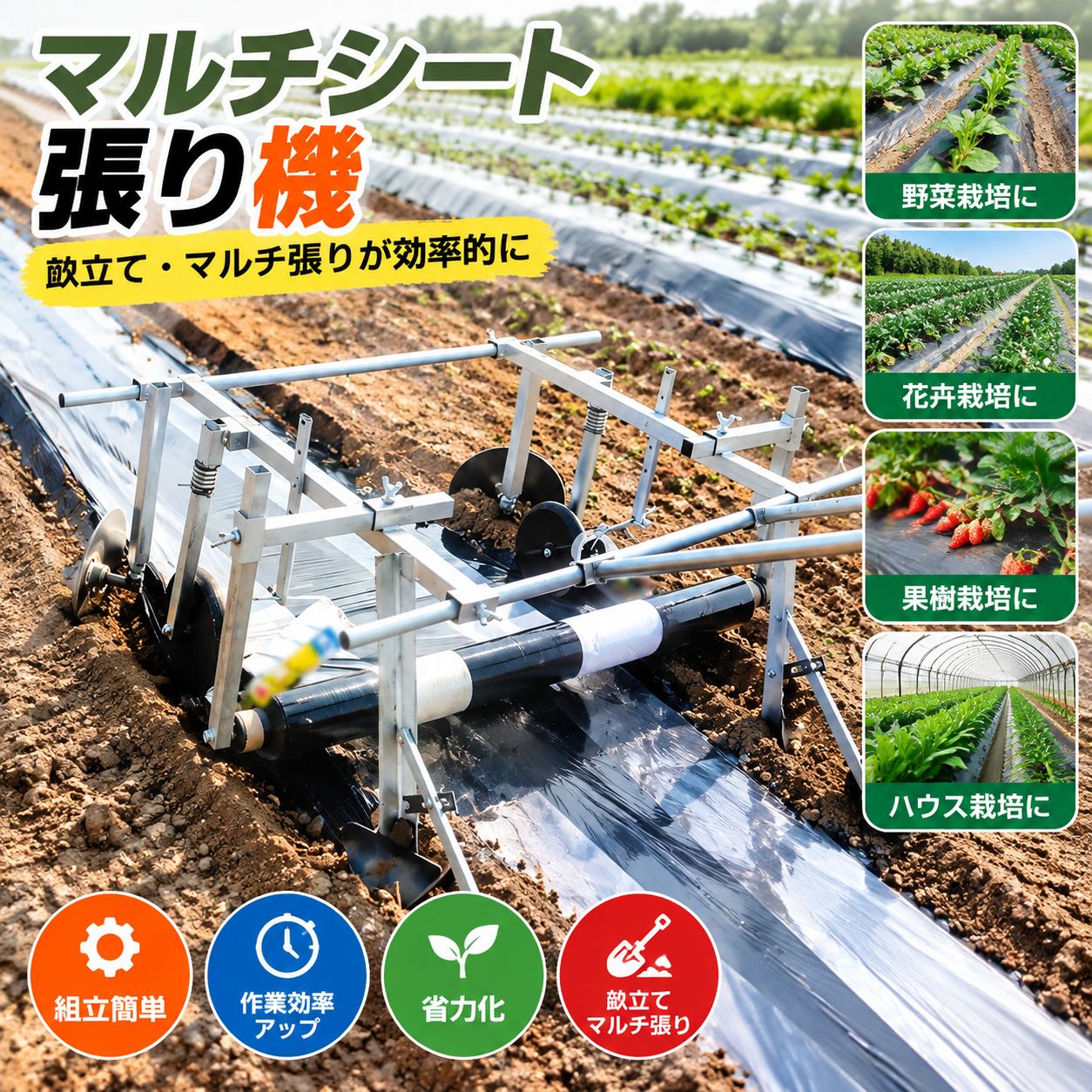 【機能の統合と効率的な操作】このマルチング マシンは、溝掘り、マルチング、土壌圧縮の機能を統合しています。 1人で操作でき、一度に複数の工程を完了できます。従来の運用方法と比較して、時間、人力、エネルギーを大幅に節約できます。 1 人で 1 日に作業できる面積は 5 ～ 10 エーカーです【科学的な設計と簡単な操作】前方の鋤刃が溝を開いて土を掘り返し、フィルムプレスホイールが地膜を溝に押し込み、後方の鋤刃が土を地膜に戻します。プルタブはフィルム吊り下げホイールを制御し、ハンドルは機器の前進を制御します。操作手順はシンプルで分かりやすく、グラウンドフィルムが切れることもありません【調整が簡単】前輪の高さを調整して、フィルムの覆いの深さを制御します。前輪が高くなるほど、土壌を覆う範囲が広くなります。調整チューブはスクリューチューブと連動してフィルムの幅を調整します。フィルム吊り輪は高さ調節が可能で、高畝、低畝、平地などさまざまな地形に適応でき、30～200cmのさまざまな幅のマルチフィルムにも対応できます【堅牢な素材と精巧な仕上がり】高品質の鋼管で作られ、自動溶接技術を使用しているため、全体的な構造は滑らかで堅牢かつ耐久性があり、機器の耐用年数を保証し、メンテナンスコストを削減します【明確な購入オプションと明確な指示】幅は30～200mルの範囲で調整でき、、畦の高さが0～40cmの範囲で使用できます。石や雑草の少ない平地が適しており、畝高40cm以下であれば使用可能です。平地、低畦、高畦にご使用いただけます商品の説明製品名 フィルムマルチ機適用対象：被覆フィルム幅：0-2m以内で調整可能モノポール高さ：0-40cm以内特徴耕起、フィルム敷設、被覆を1回で行う。製品：フィルムマルチ機*1ご注意本製品にフィルムは含まれておりませんので、ご自身でご購入ください。ロータリ耕された軟弱な乾燥地（比較的細かい土）での使用に適しています。硬い土地、湿地、乾燥した土地、草の根、土塊、石の多い土壌には適していませんグランドフィルムの重量は5kg以内としてください。 5kgを超える場合はプレスできません。グランドフィルムは尾根溝に敷設できる必要があります。畝間隔は30cm以上必要です。尾根を繋ぐことはできません。下地フィルムはプラスチックフィルムである必要があります。防塵クロス、折りたたみフィルムは使用できません。品質サービス:1、 当社の製品に問題がある場合は、お気軽にお問い合わせください。2、輸送中に多少の衝撃が加わる可能性がございます。万が一不具合や破損などがございましたら、部品の再送など対応させていただきますので、お気軽にご連絡くださいませ。3、商品が多いため、発送時に説明書をお送りし忘れることがございます。万が一、説明書が届いていない場合や、商品組み立てに関してご不明点がございましたら、お手数ですがご連絡いただけますようお願い申し上げます。電子版の説明書を再送させていただきますので、どうぞご安心ください。お客様にはご理解いただきますようお願い申し上げます。お客様のご支援が、私たちの励みとなっております。【機能の統合と効率的な操作】このマルチング マシンは、溝掘り、マルチング、土壌圧縮の機能を統合しています。 1人で操作でき、一度に複数の工程を完了できます。従来の運用方法と比較して、時間、人力、エネルギーを大幅に節約できます。 1 人で 1 日に作業できる面積は 5 ～ 10 エーカーです【科学的な設計と簡単な操作】前方の鋤刃が溝を開いて土を掘り返し、フィルムプレスホイールが地膜を溝に押し込み、後方の鋤刃が土を地膜に戻します。プルタブはフィルム吊り下げホイールを制御し、ハンドルは機器の前進を制御します。操作手順はシンプルで分かりやすく、グラウンドフィルムが切れることもありません【調整が簡単】前輪の高さを調整して、フィルムの覆いの深さを制御します。前輪が高くなるほど、土壌を覆う範囲が広くなります。調整チューブはスクリューチューブと連動してフィルムの幅を調整します。フィルム吊り輪は高さ調節が可能で、高畝、低畝、平地などさまざまな地形に適応でき、30～200cmのさまざまな幅のマルチフィルムにも対応できます【堅牢な素材と精巧な仕上がり】高品質の鋼管で作られ、自動溶接技術を使用しているため、全体的な構造は滑らかで堅牢かつ耐久性があり、機器の耐用年数を保証し、メンテナンスコストを削減します【明確な購入オプションと明確な指示】幅は30～200mルの範囲で調整でき、、畦の高さが0～40cmの範囲で使用できます。石や雑草の少ない平地が適しており、畝高40cm以下であれば使用可能です。平地、低畦、高畦にご使用いただけます商品の説明製品名 フィルムマルチ機適用対象：被覆フィルム幅：0-2m以内で調整可能モノポール高さ：0-40cm以内特徴耕起、フィルム敷設、被覆を1回で行う。製品：フィルムマルチ機*1ご注意本製品にフィルムは含まれておりませんので、ご自身でご購入ください。ロータリ耕された軟弱な乾燥地（比較的細かい土）での使用に適しています。硬い土地、湿地、乾燥した土地、草の根、土塊、石の多い土壌には適していませんグランドフィルムの重量は5kg以内としてください。 5kgを超える場合はプレスできません。グランドフィルムは尾根溝に敷設できる必要があります。畝間隔は30cm以上必要です。尾根を繋ぐことはできません。下地フィルムはプラスチックフィルムである必要があります。防塵クロス、折りたたみフィルムは使用できません。品質サービス:1、 当社の製品に問題がある場合は、お気軽にお問い合わせください。2、輸送中に多少の衝撃が加わる可能性がございます。万が一不具合や破損などがございましたら、部品の再送など対応させていただきますので、お気軽にご連絡くださいませ。3、商品が多いため、発送時に説明書をお送りし忘れることがございます。万が一、説明書が届いていない場合や、商品組み立てに関してご不明点がございましたら、お手数ですがご連絡いただけますようお願い申し上げます。電子版の説明書を再送させていただきますので、どうぞご安心ください。お客様にはご理解いただきますようお願い申し上げます。お客様のご支援が、私たちの励みとなっております。
