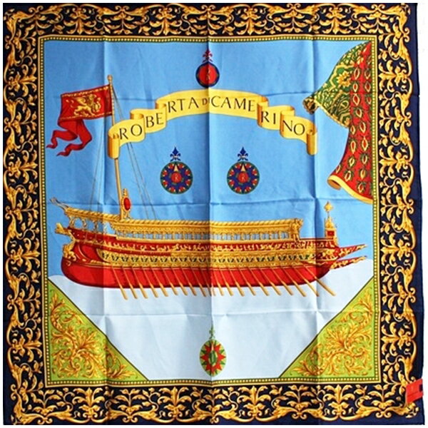 ロベルタディカメリーノ シルク スカーフ 未使用 ライトブルー×ネイビー 中古 Sランク Roberta di Camerino | レディース 女性 タグ付き 【ネコポス送料無料】