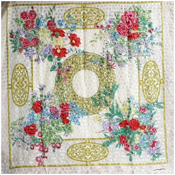 ランセル シルク 大判スカーフ ベージュ×ゴールド 花柄 中古 Aランク LANCEL | レディース 女性 【ネコポス送料無料】